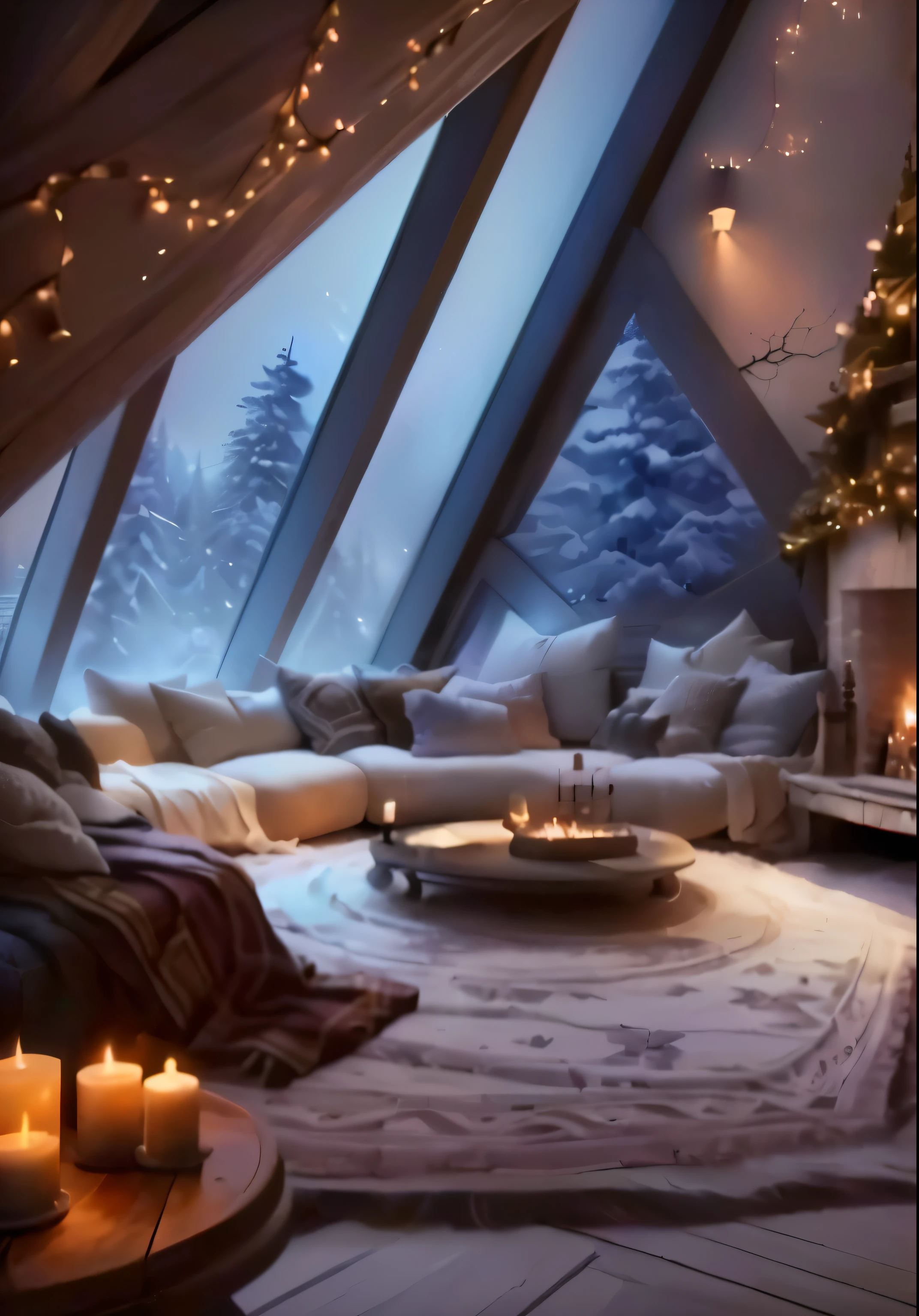 arafed room with a fireplace and a couch with candles, cozy place, cozy environment, cozy home background, cozy room, cozy wallpaper, cozy and calm, cosy vibes, cozy atmospheric, cozy and peaceful atmosphere, cosy atmoshpere, designed for cozy aesthetics!, cozy atmosphere, cozy setting, cosy enchanted scene, cozy aesthetic, cozy lights,best quality,Surreal Digital Photography,4k,