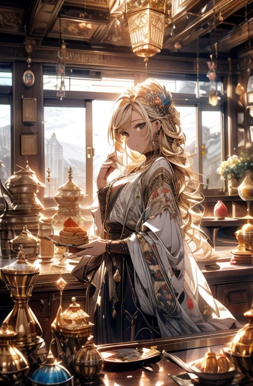 Blonde girl,Masterpiece, kitchen, large epoxy table, stove, oven, refrigerator, cabinets, bedside tables, oven, cookies, cake, exquisite view from a large window, shelves with cups, painted plates, watercolor paintings, paintings on the walls, fireplace, chic furniture, gold elements, figurines, pots with branches, bottles, glasses, cups, plates, crystal, chest of drawers, sideboard with varied, dishes, dreamcatcher, neon garland, multi-colored garland, highlights, exquisite interior, window view, bridge, sea, mountains, sunset, city, neon light, flowers, daylight, bright room,