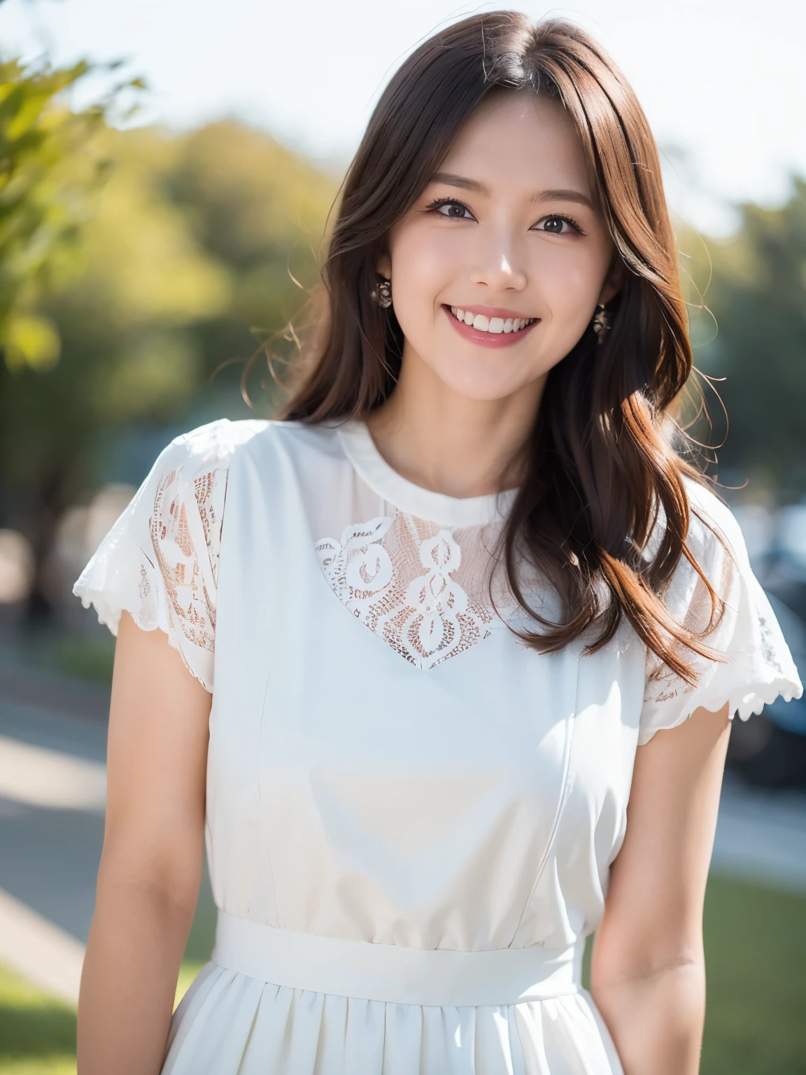 Original photo, 8K ultra-high resolution, Single-lens reflex camera, Soft Light, high quality, cinematic particles, Fuji Movie XT3, (White short sleeve formal dress)、(Lace clothing)、Girl wearing a pearl necklace, Movie Photos, Very detailed, Rich and colorful、(Short black hair:1.4)、Gentle smile、(Standard body shape)、(D cup breasts)、Hibiya Park、The morning sun is bright