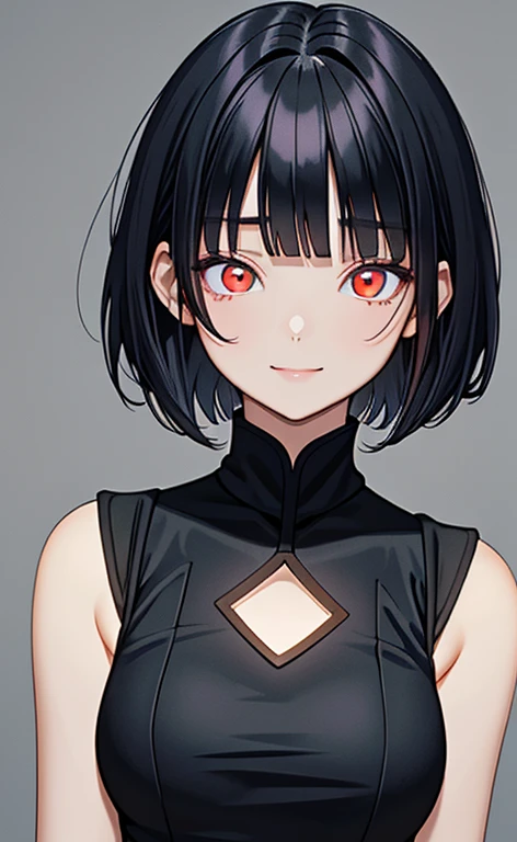 (masterpiece:1.4、top-quality、illustration)、(character focus、,upper body:1.3)、(face:1.5),(1girl),(Gentle face:1.2),(Beautiful eyes:1.4),cute face,(red eyes:1.3)、(tareme:1.3)、(crazy eyes:1.3),half (closed eyes:1.3)、
),(stand:1.4),、(Gentle smile:1.2),(head tilt:1.3),
(blue black hair),(short hair:1.5)、
,(glowing eyes:1.3),(sleeveless turtleneck china dress:1.5),
(blunt bangs),(sidelocks:1.3), (large breasts)、
、slender、zydG