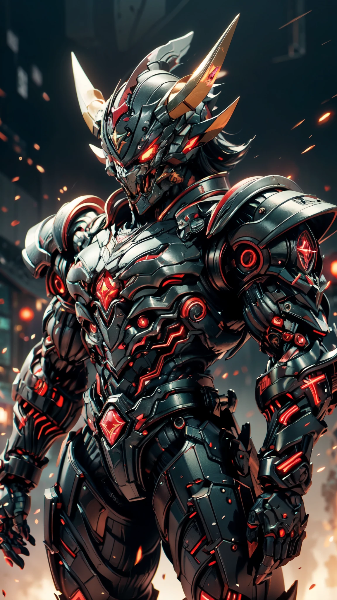 A man wearing a full-face helmet, a fantasy-style biotech armored combat suit, green eyes, (a composite layered chest armor), fully enclosed shoulder guards, matching arm and leg guards, the belt is adorned with 666 mark, (the color scheme is primarily red with yellow and white accents), the design balances heavy with agility, a high-tech bio-mecha armor, (Armor Concept Inspired by Demon, stand on the top of a skyscraper in a futuristic sci-fi city), this character embodies a finely crafted fantasy-surreal style armored hero in anime style, exquisite and mature manga art style, (battle damage, element, plasma, energy, the armor glows), ((male:1.5)), metallic, real texture material, dramatic, high definition, best quality, highres, ultra-detailed, ultra-fine painting, extremely delicate, professional, perfect body proportions, golden ratio, anatomically correct, symmetrical face, extremely detailed eyes and face, high quality eyes, creativity, RAW photo, UHD, 32k, Natural light, cinematic lighting, masterpiece-anatomy-perfect, masterpiece:1.5