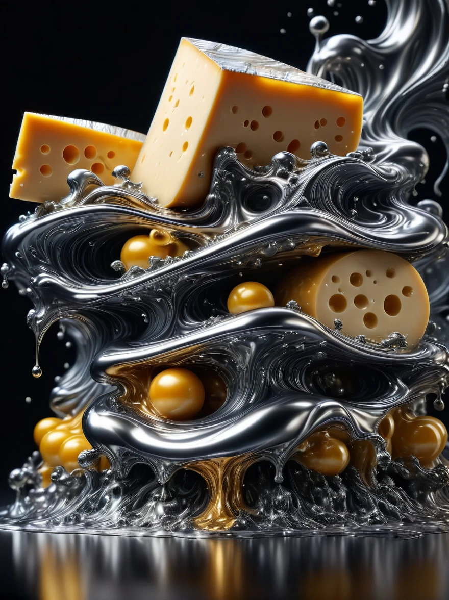 (液态Metal)，(cheese made of liquid metal:1.5)，Shiny，Metal，Reflective，flow，Dripping，smooth，sculpture，超Reality，Intricate details，(Best quality，8k，high resolution，masterpiece:1.2)，Ultra Detailed，(Reality, 1.4 times more realism), close up, Dramatic lighting