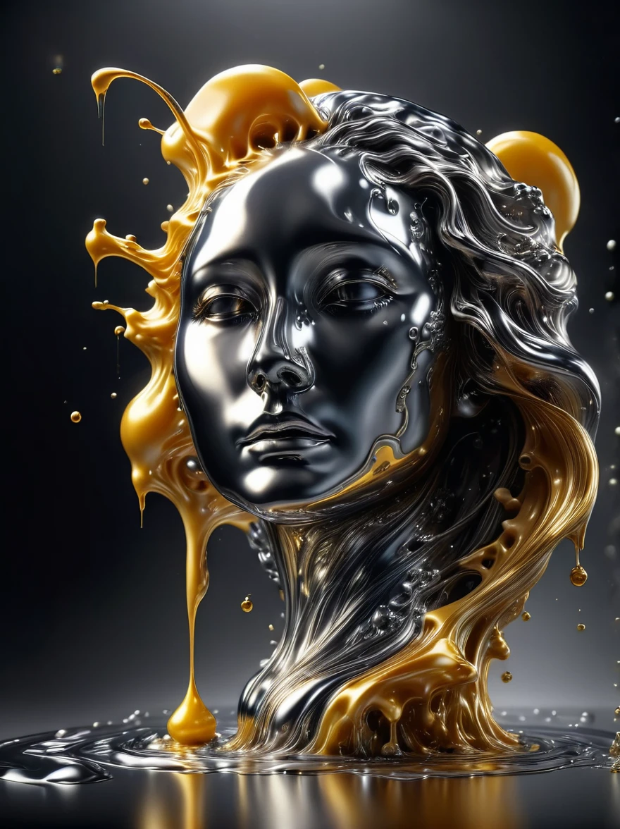 (液态Metal)，(cheese made of liquid metal:1.5)，Shiny，Metal，Reflective，flow，Dripping，smooth，sculpture，超Reality，Intricate details，(Best quality，8k，high resolution，masterpiece:1.2)，Ultra Detailed，(Reality, 1.4 times more realism), close up, Dramatic lighting