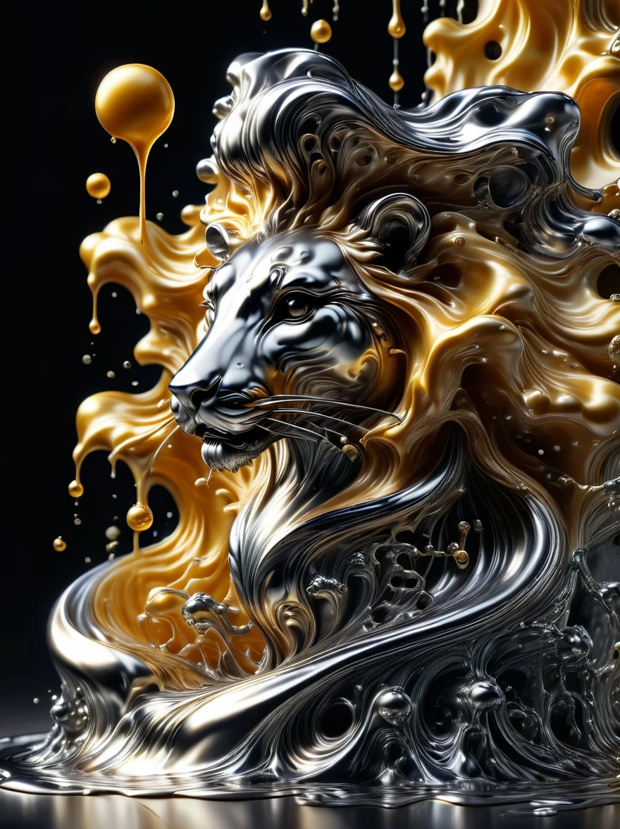 (液态Metal)，(cheese made of liquid metal:1.5)，Shiny，Metal，Reflective，flow，Dripping，smooth，sculpture，超Reality，Intricate details，(Best quality，8k，high resolution，masterpiece:1.2)，Ultra Detailed，(Reality, 1.4 times more realism), close up, Dramatic lighting