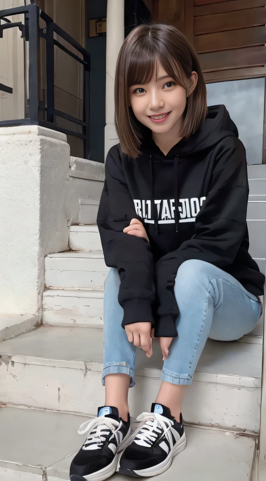 highest quality, Realistic, Very detailed, Finer details, High resolution, 8k wallpaper, One beautiful woman,Sit on the stairs、（Wear black socks）smile、（Beautiful teeth alignment、）（Gums are visible） Oversized hoodie, Skinny jeans,（ Black sneakers）、Black Hair、 Beautiful Bangs、ear piercing、Perfect dynamic composition, Beautiful and detailed, Full Body Shot, A big smile brown hair