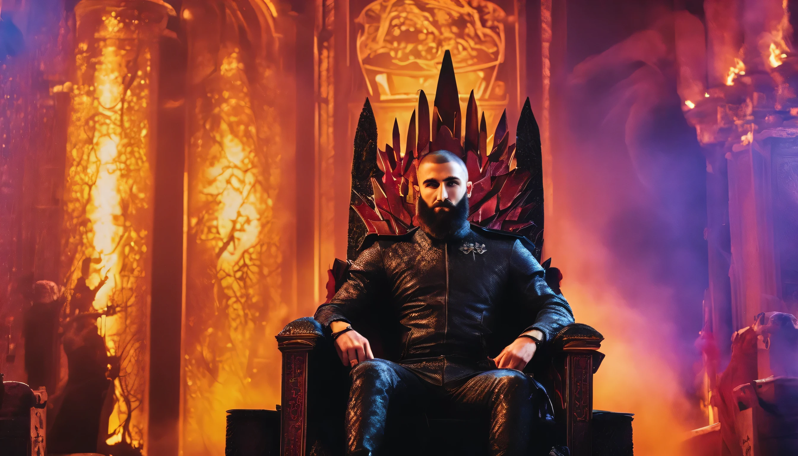 (((cinematic film still of Karim Benzema, beard,sitting on a throne with a sword))), ((sitting)), (((((game of throns))))), (((dragon backround))), (explosion,fire:1.2), (smoke:1.4), (RTX) cinematic film shot in 70mm, depth of field, vivid colors, (best quality,ultra-detalhado,Realistic:1.37), (8k, ARTISTIC photography, best quality, masterpiece: 1.2), (realistic, photorealistic:1.37), over-detailed, (high-detail skin: 1.2), 8k UHD, SLR camera, soft lighting, high quality, film grain, cinematic lighting, photonic display, brightness, physically rendered photo, (dynamic pose ), extremely high-quality graphics, over-detailed face, (((cinematic lighting))), ((clear details)), (((((clear face))))), (((((clear high-detail hand))))),