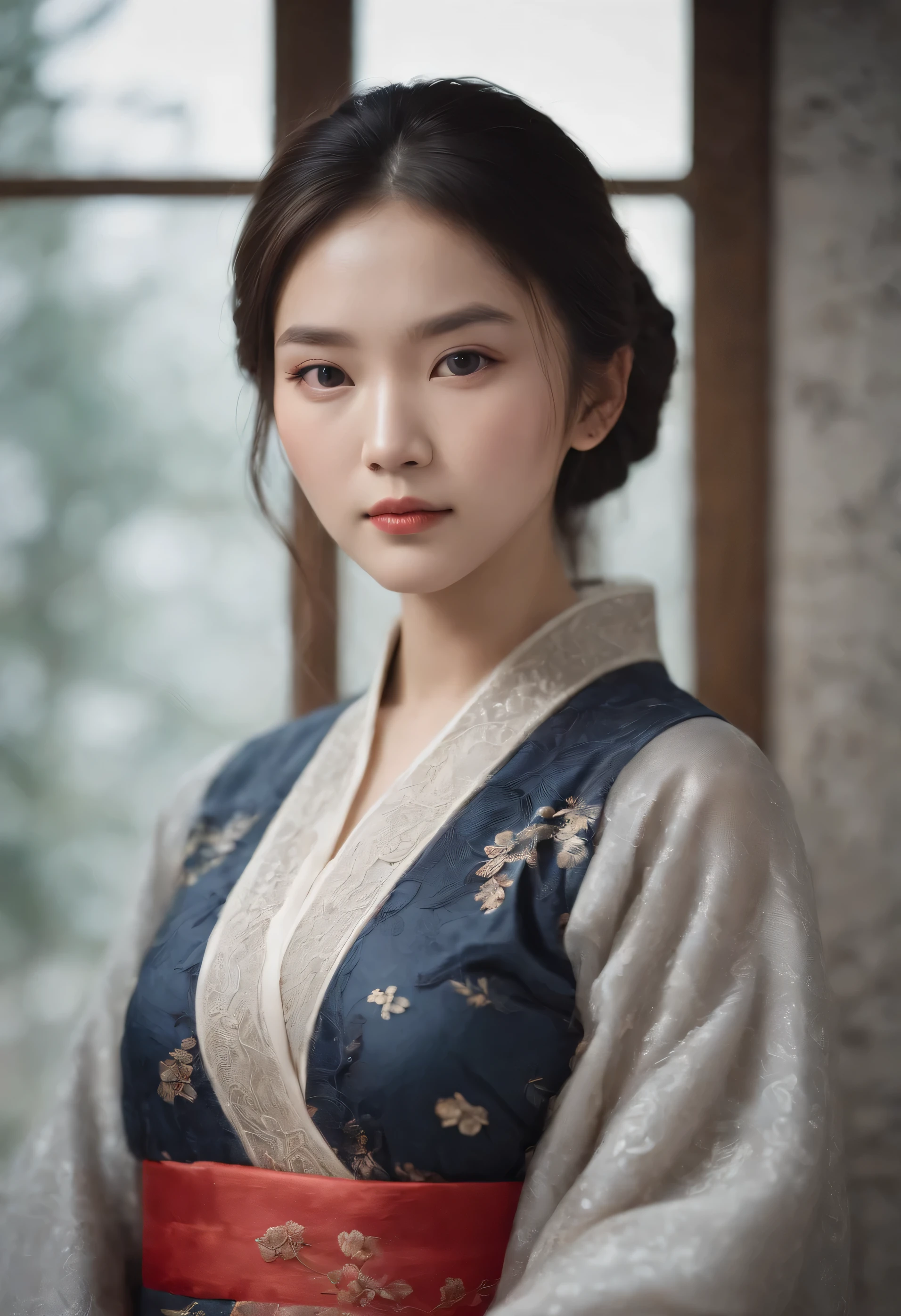 Realistic portrait, Official Art, Unity 8k wallpaper, super detailed, beautiful, beautiful Asian girl, focused on detailed face, has a little to no darkspots,facing camera and looking at camera, 3/4 angle, masterpiece, best quality, dark, atmospheric, mystical, romantic, creepy, literature, art, fashion, show era, decoration, intricacies, fur products, lace, contemplation, emotional depth, supernatural, lace design traditional chinese dress mix with kimono dress, 1girl, solo, neck, bust composition, Realistic, bokeh, lens_flare,Natural light,portrait,Grey Film filter,(KODAK Ektar 100:1.2)