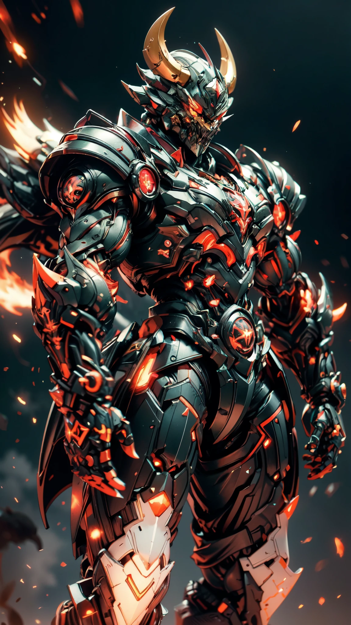 A man wearing a full-face helmet, a fantasy-style biotech armored combat suit, green eyes, (a composite layered chest armor), fully enclosed shoulder guards, matching arm and leg guards, the belt is adorned with 666 mark, (the color scheme is primarily red with yellow and white accents), the design balances heavy with agility, a high-tech bio-mecha armor, (Armor Concept Inspired by Demon, stand on the top of a skyscraper in a futuristic sci-fi city), this character embodies a finely crafted fantasy-surreal style armored hero in anime style, exquisite and mature manga art style, (battle damage, element, plasma, energy, the armor glows), ((male:1.5)), metallic, real texture material, dramatic, high definition, best quality, highres, ultra-detailed, ultra-fine painting, extremely delicate, professional, perfect body proportions, golden ratio, anatomically correct, symmetrical face, extremely detailed eyes and face, high quality eyes, creativity, RAW photo, UHD, 32k, Natural light, cinematic lighting, masterpiece-anatomy-perfect, masterpiece:1.5