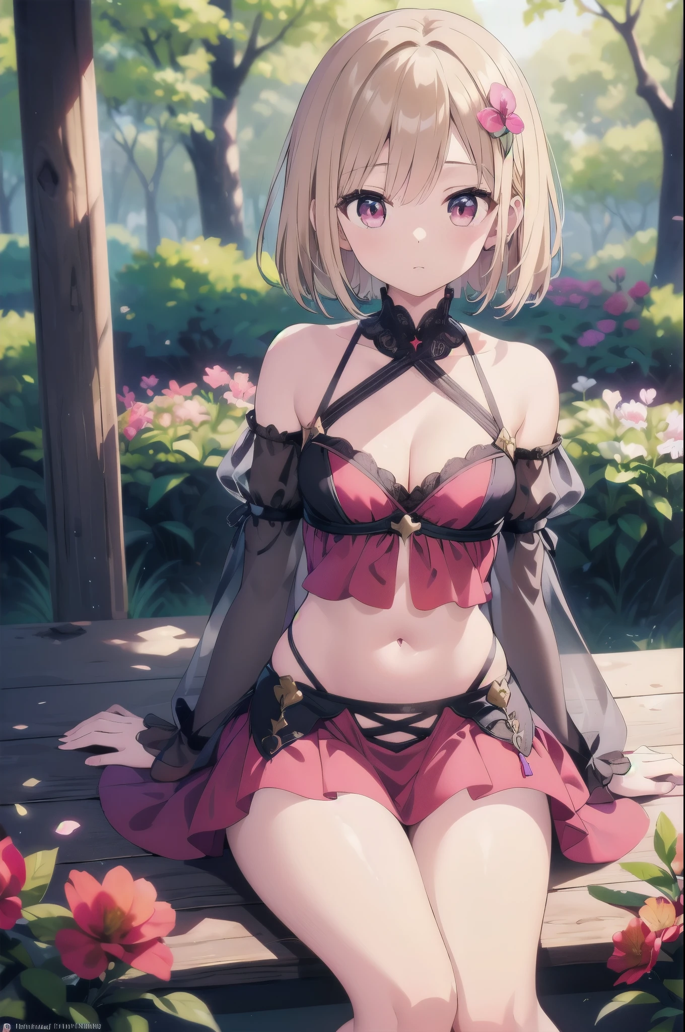 1girl,(sexy dress:1.5), full body, (depth of field), masterpiece,8k, dynamic poses, ultra detail, (pretty face:1.4), (stocking:1.5), (navel:1.5), (large breasts:1.8), (perfect body:1.2), (red light), (fantasy vibes:1.5), (glowing eyes), (roses field), (a view from below that shows sky above and open field below), a girl standing on flower field looking up, blonde, aesthetic
