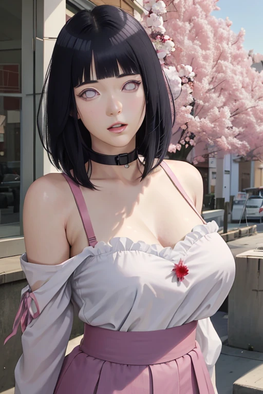 masterpiece, absurdres, hinata\(boruto\), 1girl, solo,mature female, off-shoulder strap bra, high waist short skirt, looking at viewer, (falling petals), perfect composition, detailed lips, big breast, beautiful face, body propotion, blush, (pink lips), long hair, purple eyes, soft gaze, super realistic, detailed, photoshoot, realistic face and body,