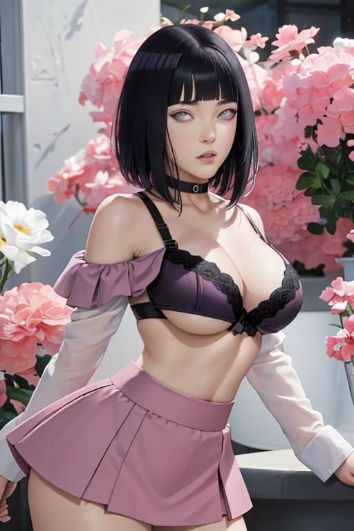 masterpiece, absurdres, hinata\(boruto\), 1girl, solo,mature female, off-shoulder strap bra, high waist short skirt, looking at viewer, (falling petals), perfect composition, detailed lips, big breast, beautiful face, body propotion, blush, (pink lips), long hair, purple eyes, soft gaze, super realistic, detailed, photoshoot, realistic face and body,