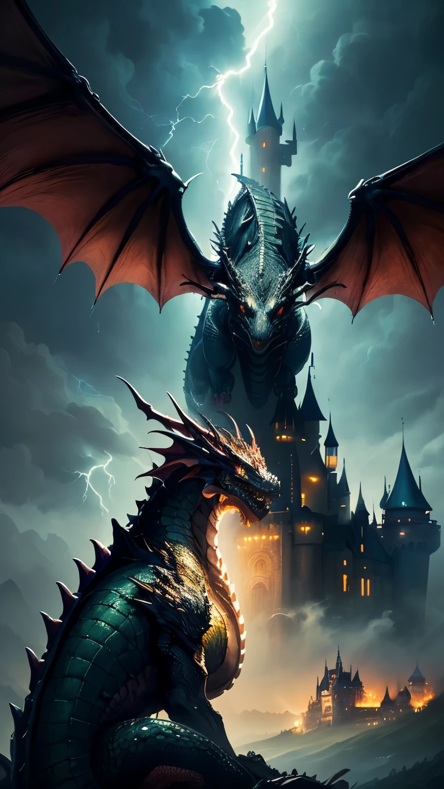 ((best quality)), ((masterpiece)), (detailed), in the dark room, lightning in the background, ((dark horror castle in the background, fying dragon on a background 