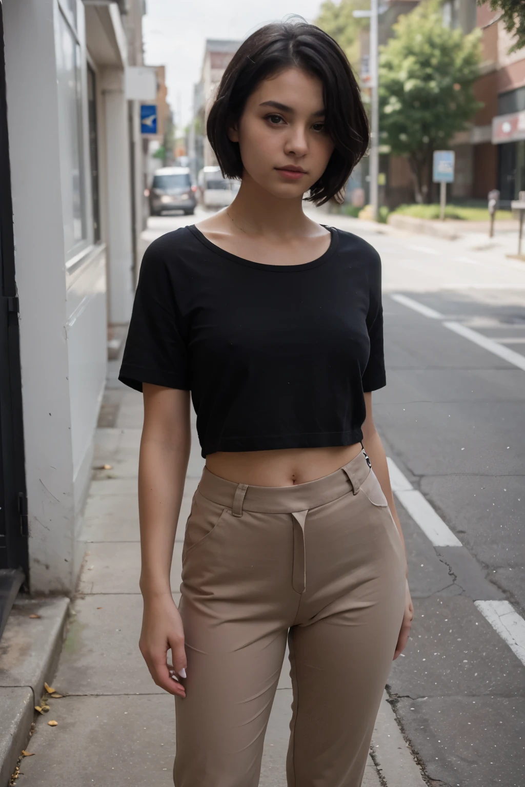 1 girl, short pixie cut black hair, black eyes, wearing a plain brown oversized shirt and black pants, white sneakers, 8k, ultrasharp, high resolution.