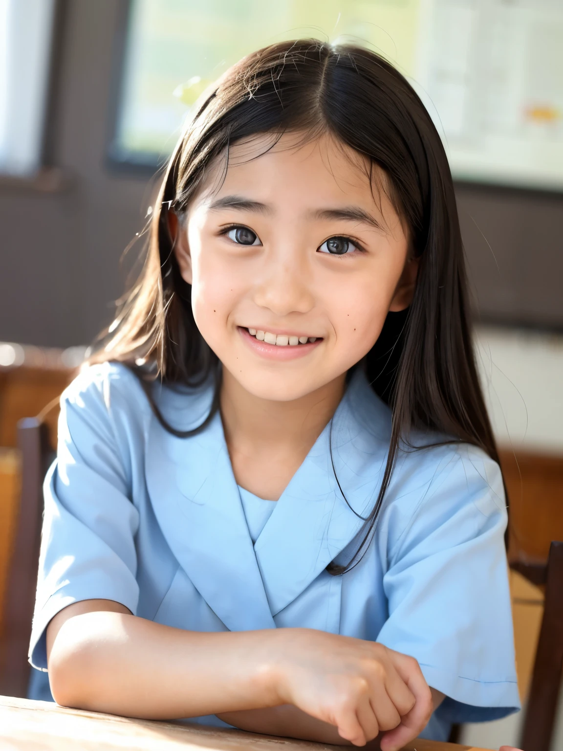 lens: 135mm f1.8, (highest quality),(RAW Photos), (Tabletop:1.1), (Beautiful 9  Japanese girl), Cute Face, (Deeply chiseled face:0.7), (freckles:0.4), dappled sunlight, Dramatic lighting, (Japanese School Uniform), (In the classroom), shy, (Close-up shot:1.2), (smile), (sunlight)