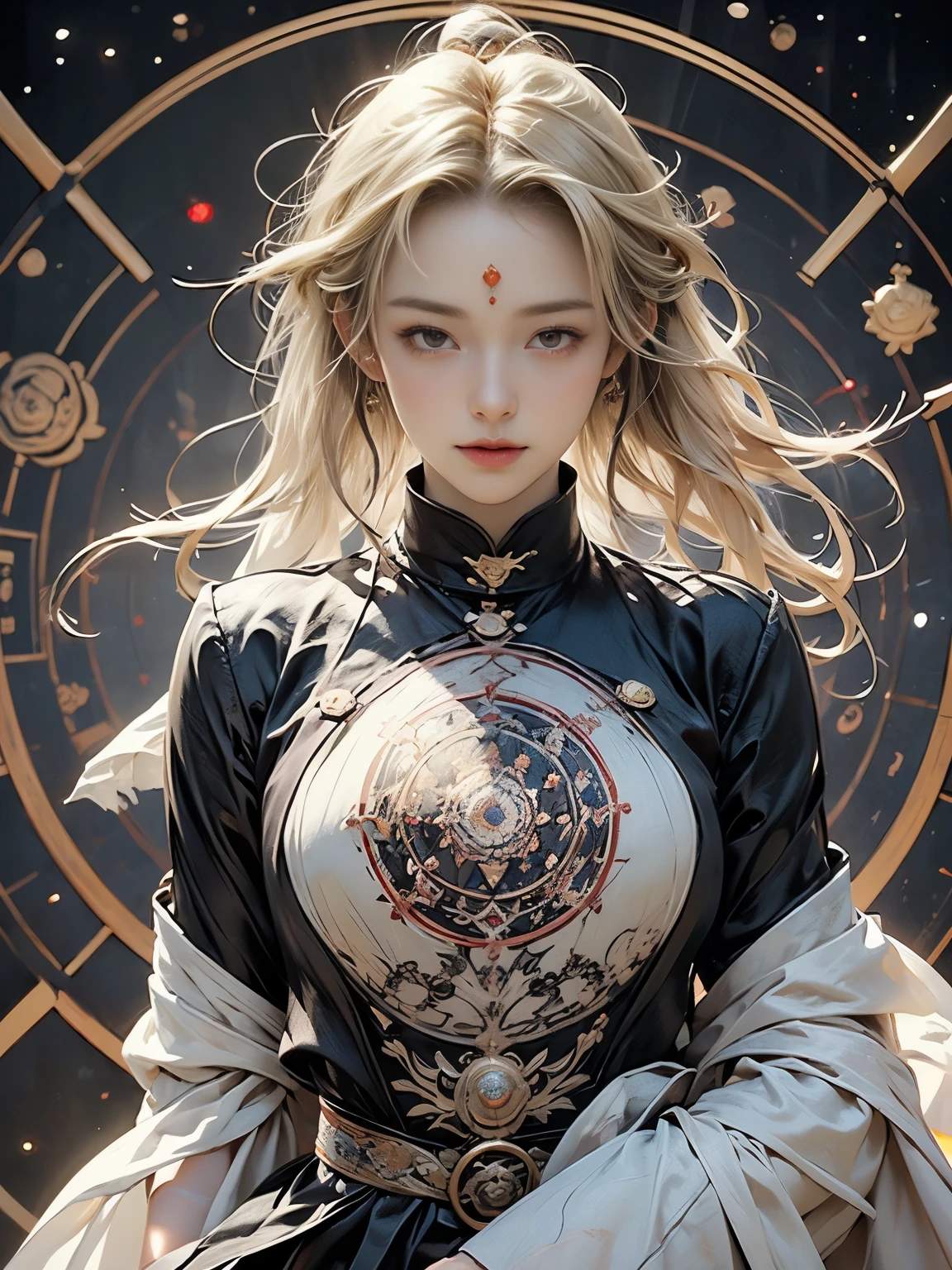 Zerg Queen Beautiful Girl: Ranlinger, 18 years old, astrologer, Messy Hair, oil, Romanticism painting, beautiful Perfect Face, Soft Skin, Perfect Face, Yasutomo Oka's painting style, Big Breasts, Add light purple and purple, Add Light Red, Intricate details, Splash screen, 8K resolution, masterpiece, Serious, Space, (mysterious magic circle background, Buddhist Mandala:1.3), Colorful background, aura, Sharp Eyes, Break, Blonde, dynamic sexy poses, sweat, Strong winds, Mr.々Light source, Colorful light, Crystal Jade, Celestial globe, Four Holy Beasts, constellation, cristal ball