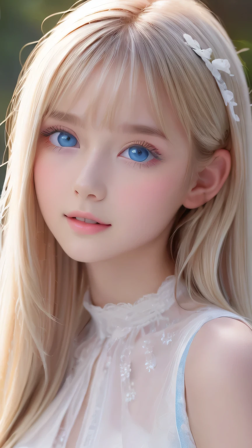 Beautiful white and shining skin、Blonde hair that changes color depending on the light、Bangs between eyes obstruct vision、Shiny highlights on the cheeks、Sexy, very beautiful, lovely, cute, gorgeous face、The most beautiful face in the world、Super long and gorgeous blonde hair、Super long and smooth super long straight hair、Big Breasts, Very large, Beautiful sparkling bright blue eyes、Beautiful Bangs、Beautiful cute girl.Small Face Beauty、Cheek Gloss Highlighter、Round face