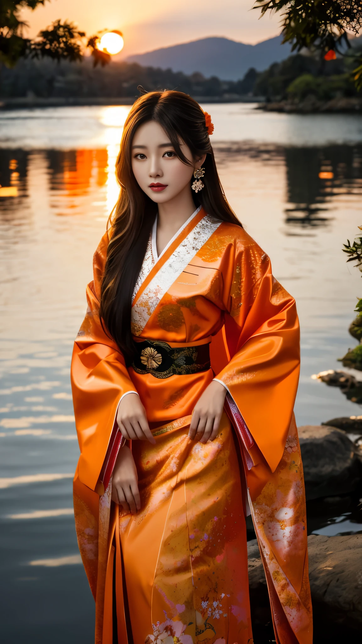 8K, UHD, masterpeiece,best quality, 1 girl, detailed face, detailed eyes, very long hair, long straight hair, small breasts, very detailed dress, kimono costume, orange costume, ((orange lace)), sardine, flowing sardine, jwellery, earring, ornaments, flower, evening, lake, water, sunset, depth of field, glowing light, god rays, reflection light, bloom, looking at viewer, upper body,