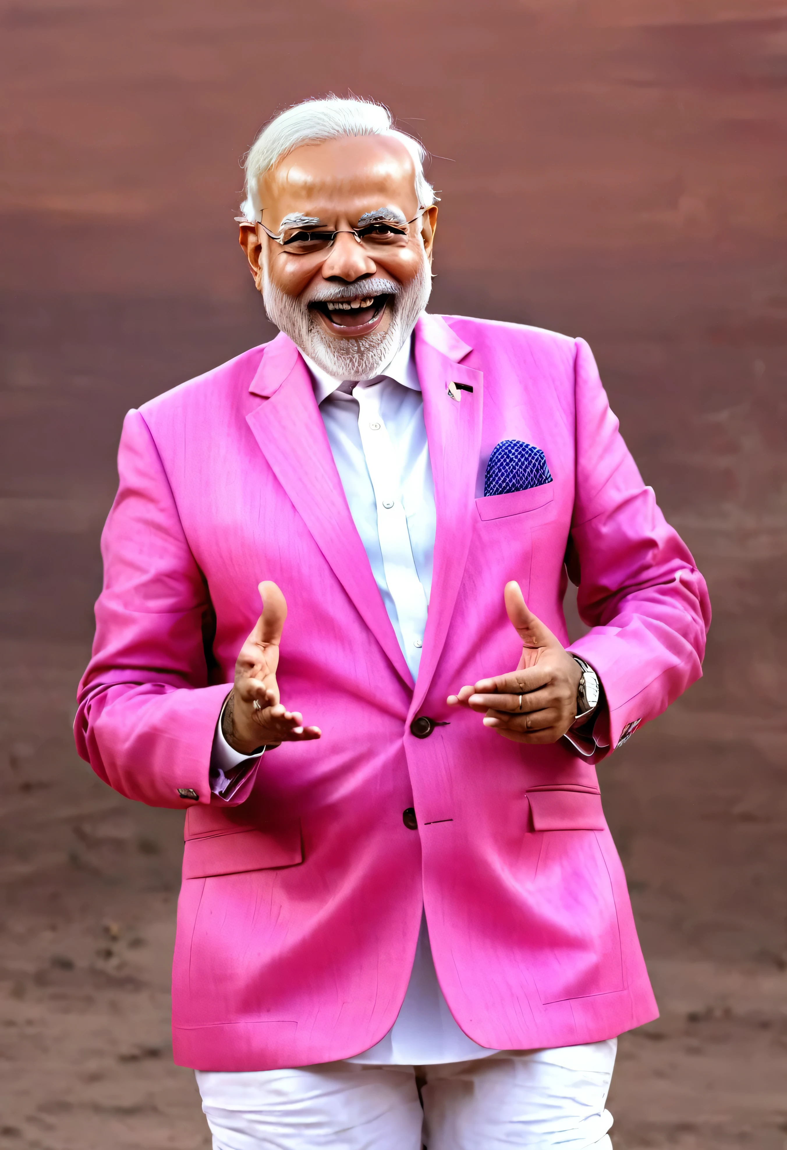 Make a picture in which Narendra Modi is wearing pink color blazer and paint and he is laughing. With realistic face 8k realistic photography