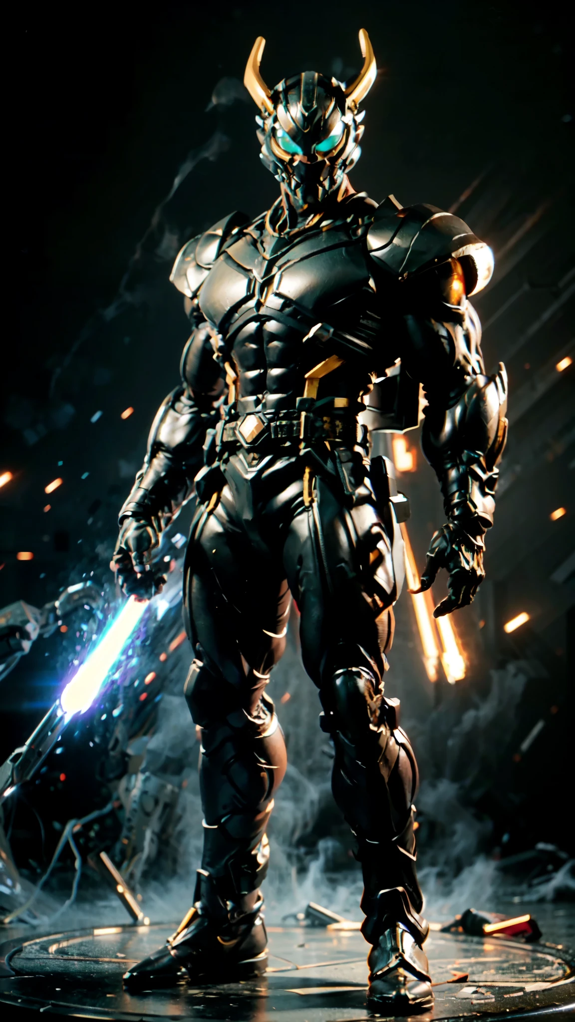 A man wearing a full-face helmet, a fantasy-style biotech armored combat suit, green eyes, (a composite layered chest armor), fully enclosed shoulder guards, matching arm and leg guards, the belt is adorned with 666 mark, (the color scheme is primarily red with yellow and white accents), the design balances heavy with agility, a high-tech bio-mecha armor, (Armor Concept Inspired by Demon, stand on the top of a skyscraper in a futuristic sci-fi city), this character embodies a finely crafted fantasy-surreal style armored hero in anime style, exquisite and mature manga art style, (battle damage, element, plasma, energy, the armor glows), ((male:1.5)), metallic, real texture material, dramatic, high definition, best quality, highres, ultra-detailed, ultra-fine painting, extremely delicate, professional, perfect body proportions, golden ratio, anatomically correct, symmetrical face, extremely detailed eyes and face, high quality eyes, creativity, RAW photo, UHD, 32k, Natural light, cinematic lighting, masterpiece-anatomy-perfect, masterpiece:1.5