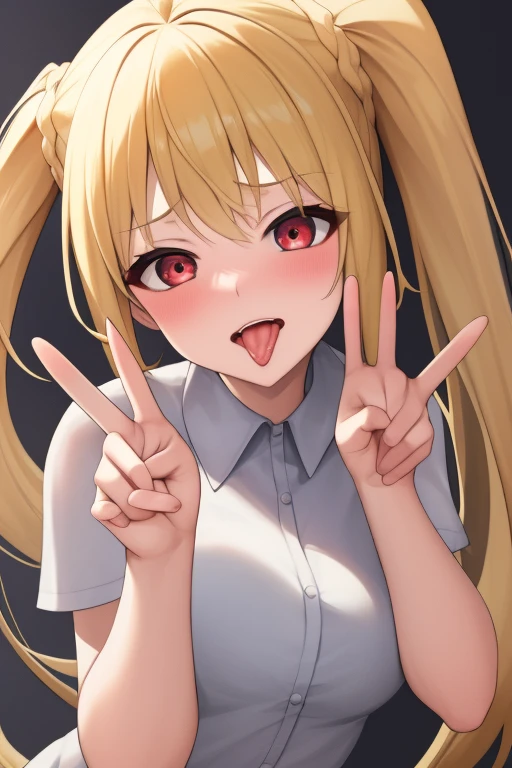 (masterpiece, highest quality:1.2), Naked girl with blonde hair and red eyes, Side Ponytail, Full Bang,
School, Super detaileded, highest quality, Expressive eyes, Perfect Face, super high quality, Super detailed,nsfw,(O-Face,ahegao,open mouth,tongue:1.5,)(make horizontal peace sign,both hands:1.5), peace sign,(tilt head:1.3),(solo girl:1.3),(vulgarity:1.2),(fucked silly:1.2),(female ejaculation:1.3),(trembling:1.3),(seductive eyes:1.3)