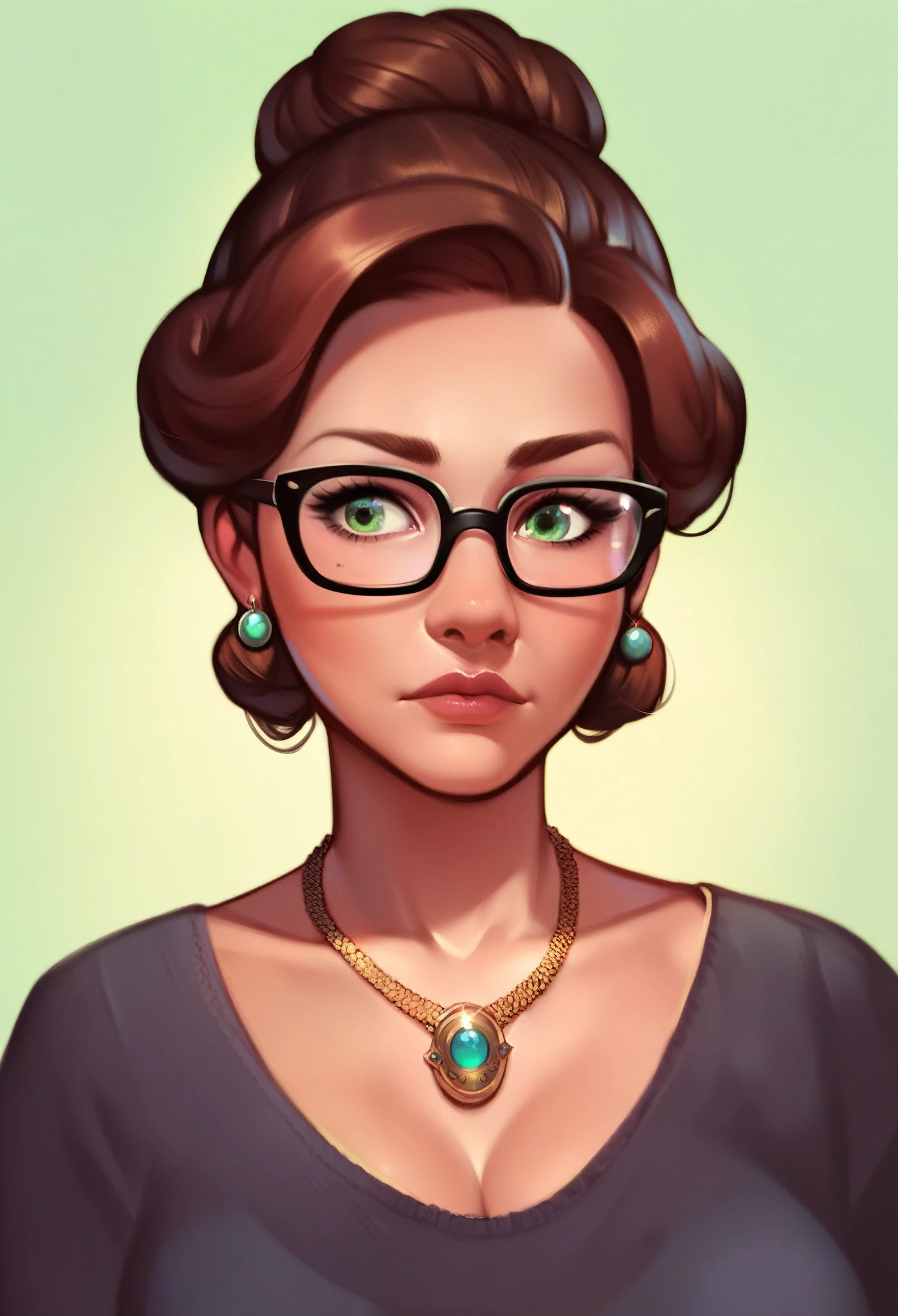 score_9, score_8_up,score_7_up, score_6_up, score_5_up, score_4_up, portrait of a woman, milf, mature, wearing glasses, confused expression, glasses, bun hair, wearing necklace, green eyes, brown hair, beautiful, perfect, lovely, front view