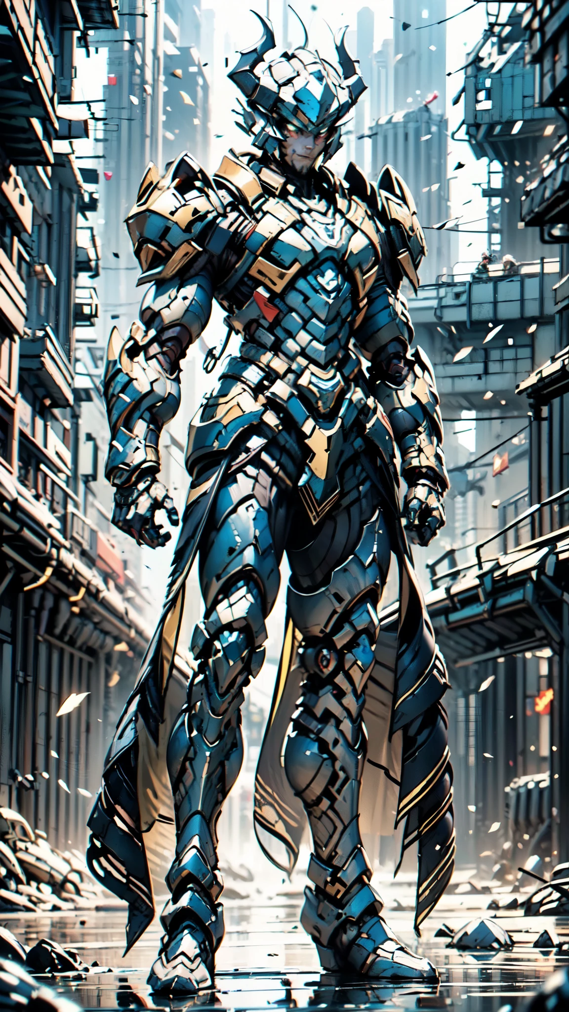 A man wearing a full-face helmet, a fantasy-style biotech armored combat suit, green eyes, (a composite layered chest armor), fully enclosed shoulder guards, matching arm and leg guards, the belt is adorned with 666 mark, (the color scheme is primarily red with yellow and white accents), the design balances heavy with agility, a high-tech bio-mecha armor, (Armor Concept Inspired by Demon, stand on the top of a skyscraper in a futuristic sci-fi city), this character embodies a finely crafted fantasy-surreal style armored hero in anime style, exquisite and mature manga art style, (battle damage, element, plasma, energy, the armor glows), ((male:1.5)), metallic, real texture material, dramatic, high definition, best quality, highres, ultra-detailed, ultra-fine painting, extremely delicate, professional, perfect body proportions, golden ratio, anatomically correct, symmetrical face, extremely detailed eyes and face, high quality eyes, creativity, RAW photo, UHD, 32k, Natural light, cinematic lighting, masterpiece-anatomy-perfect, masterpiece:1.5