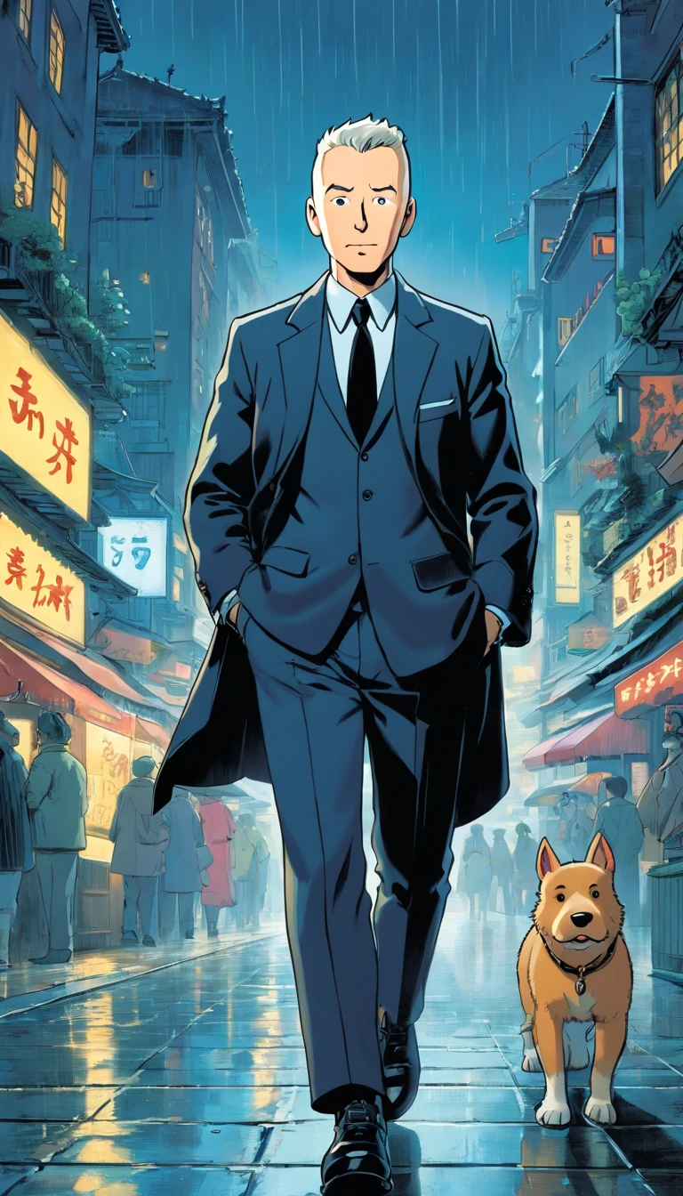 Tintin, 50 years old male wearing tactical spy black suit, slick and neat short grey hair, herge, european comics, heroic pose, rainy night futuristic cyberpunk city background