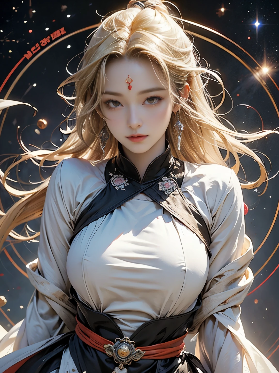 Zerg Queen Beautiful Girl: Ranlinger, 18 years old, astrologer, Messy Hair, oil, Romanticism painting, beautiful Perfect Face, Soft Skin, Perfect Face, Yasutomo Oka's painting style, Big Breasts, Add light purple and purple, Add Light Red, Intricate details, Splash screen, 8K resolution, masterpiece, Serious, Space, (mysterious magic circle background, Buddhist Mandala:1.3), Colorful background, aura, Sharp Eyes, Break, Blonde, dynamic sexy poses, sweat, Strong winds, Mr.々Light source, Colorful light, Crystal Jade, Celestial globe, Four Holy Beasts, constellation, cristal ball