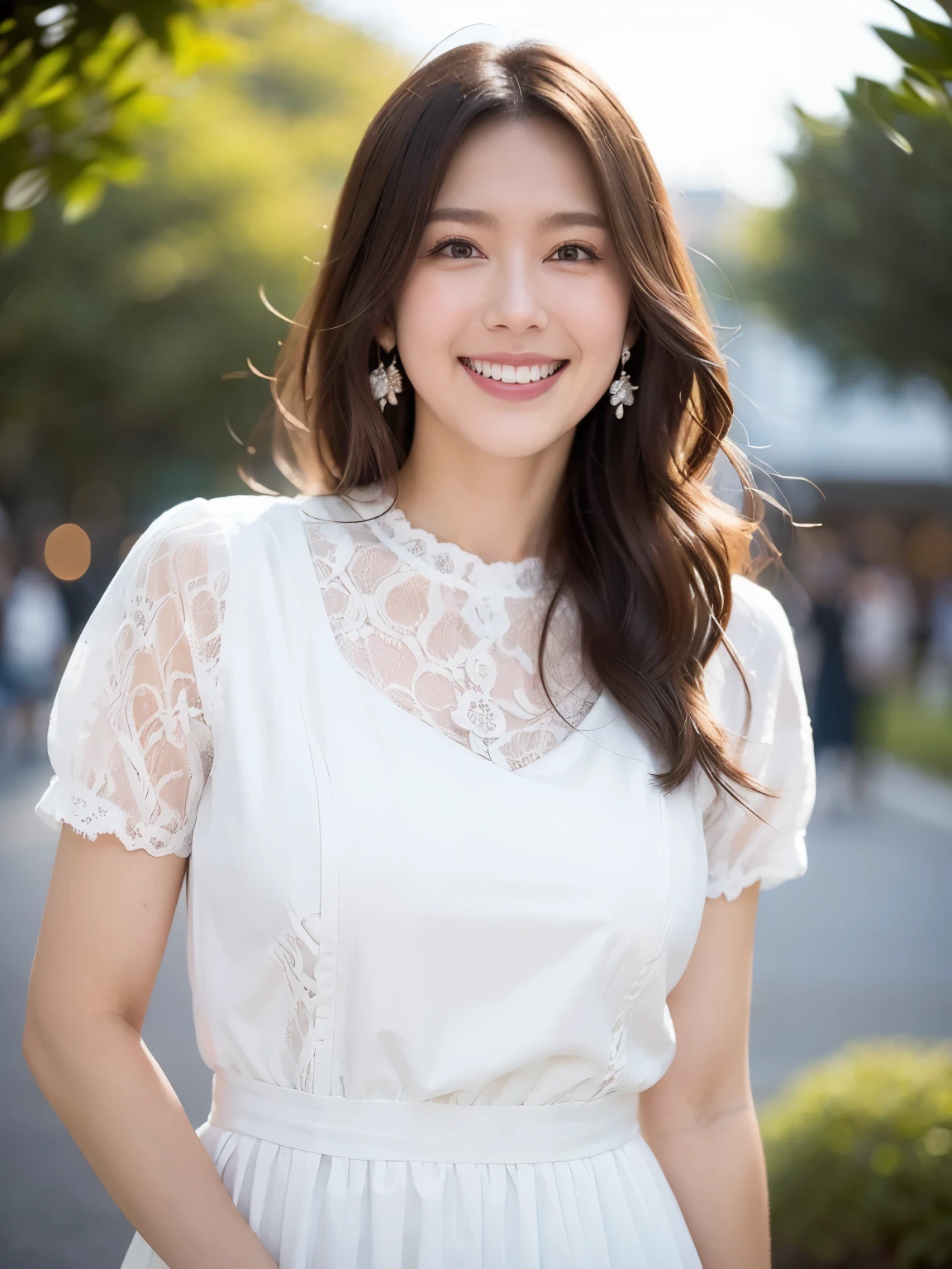 Original photo, 8K ultra-high resolution, Single-lens reflex camera, Soft Light, high quality, cinematic particles, Fuji Movie XT3, ((White short sleeve formal dress:1.5))、((Lace clothing))、Wearing a pearl necklace, Movie Photos, Very detailed, Rich and colorful、(Short black hair:1.4)、Gentle smile、(Standard body shape)、(D cup breasts)、Hibiya Park、The morning sun is bright