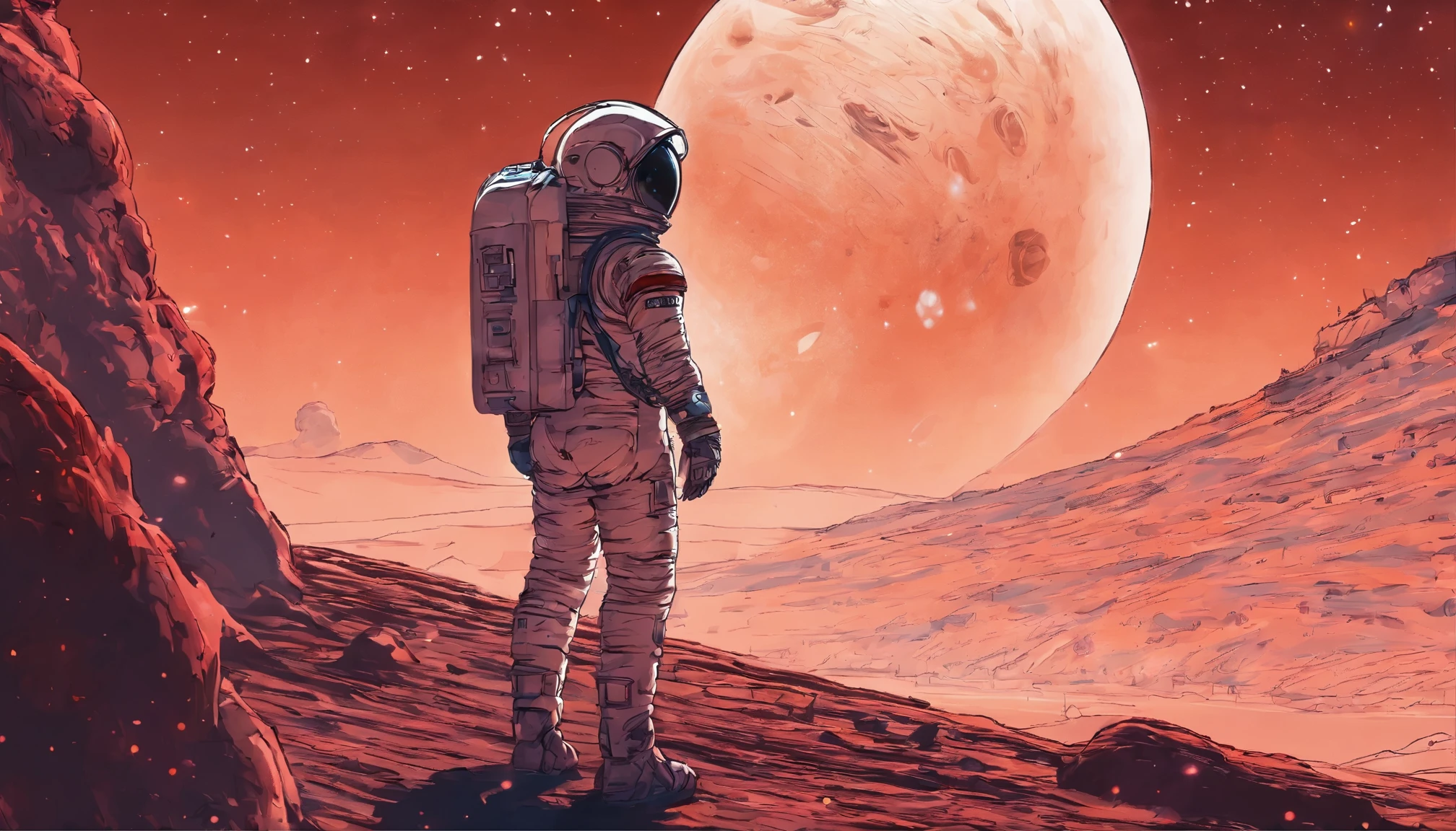 A modern anime-style image, A lone astronaut has landed on Mars, Fantastical, AKIRA vibes, AKIRA art style, Japan anime,