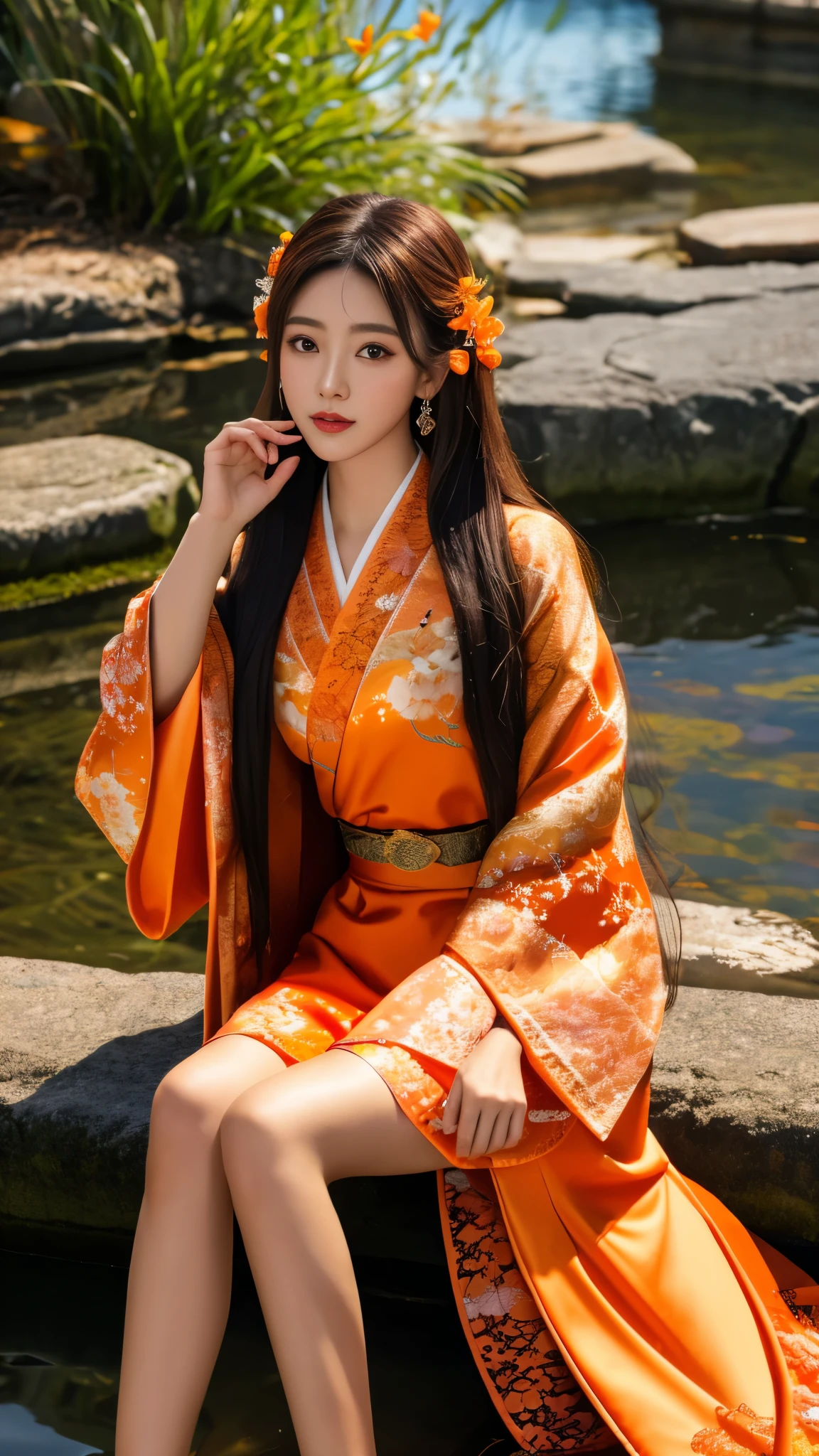 8K, UHD, masterpeiece,best quality, 1 girl, detailed face, detailed eyes, very long hair, long straight hair, small breasts, very detailed dress, kimono costume, orange costume, ((orange lace)), sardine, flowing sardine, jwellery, earring, ornaments, flower, evening, lake, water, sunset, depth of field, glowing light, god rays, reflection light, bloom, looking at viewer, sitting,