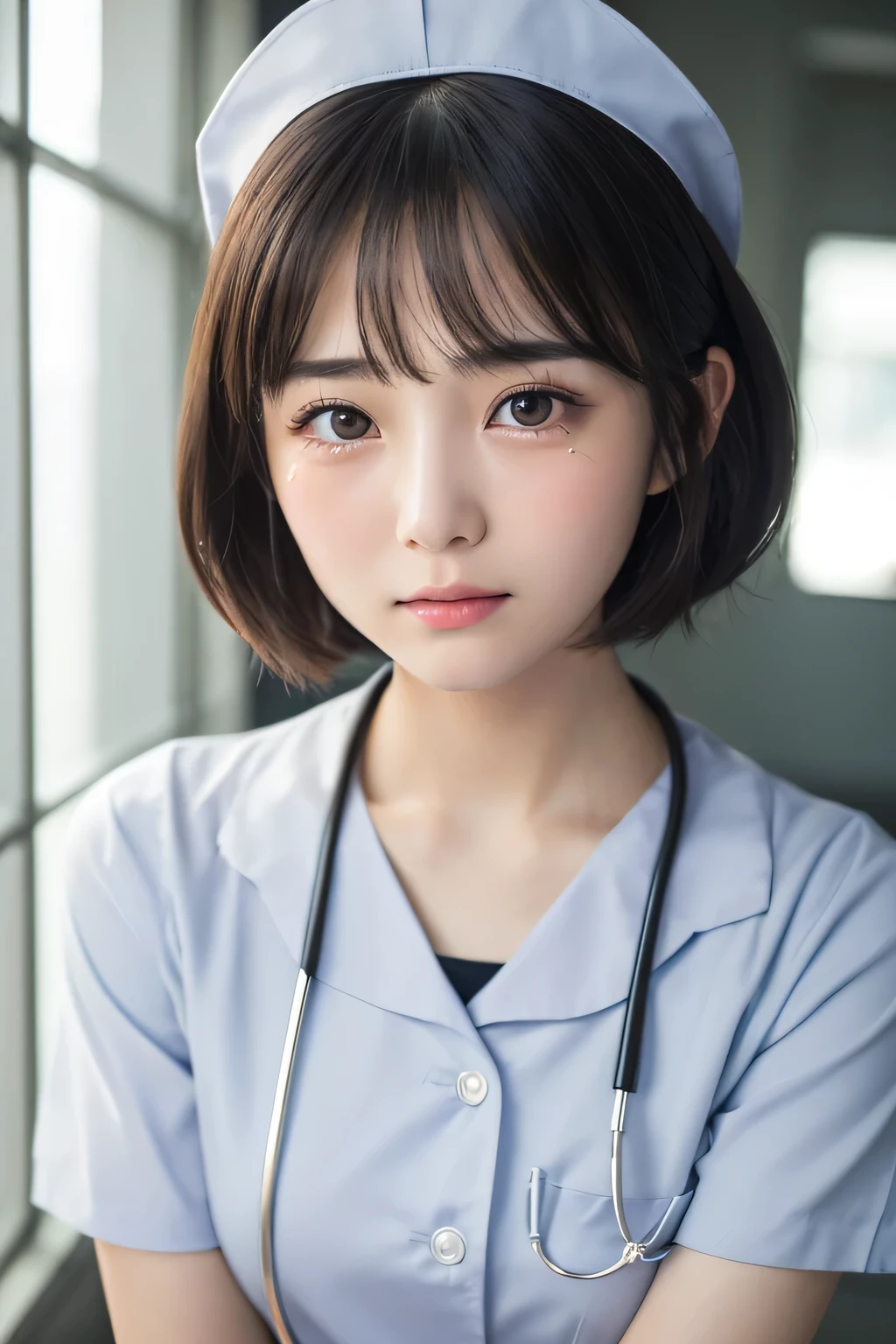 (1 Girl)、(Beautiful Japanese、18years old,round face、Refreshing、clear、seems kind、stylish、Pitiful、cute like an angel、cute、black eyes、,actress,Almond-shaped eyes,Translucent white skin、Beautiful skin), Good style , (Beautiful big breasts:1.2),(soft breasts),(very cute),(Black hair),(short bob hair),(enchanting eyes),(highlight on eyes:1.2)、(8K、Live shooting、highest quality、masterpiece:1.2、optimal lighting)、((masterpiece)),(Photo taken by a professional photographer),(real、photo real:1.4),break,{ (White nurse costume),(((taraditional nurse uniform)))},(Embarrassed face),(tears:1.4))(cheeks are red:1.2), break, break,Old abandoned hospital,Face shot:1.3、looking at viewer, face close-up,Looking up、sitting、Crying in tears