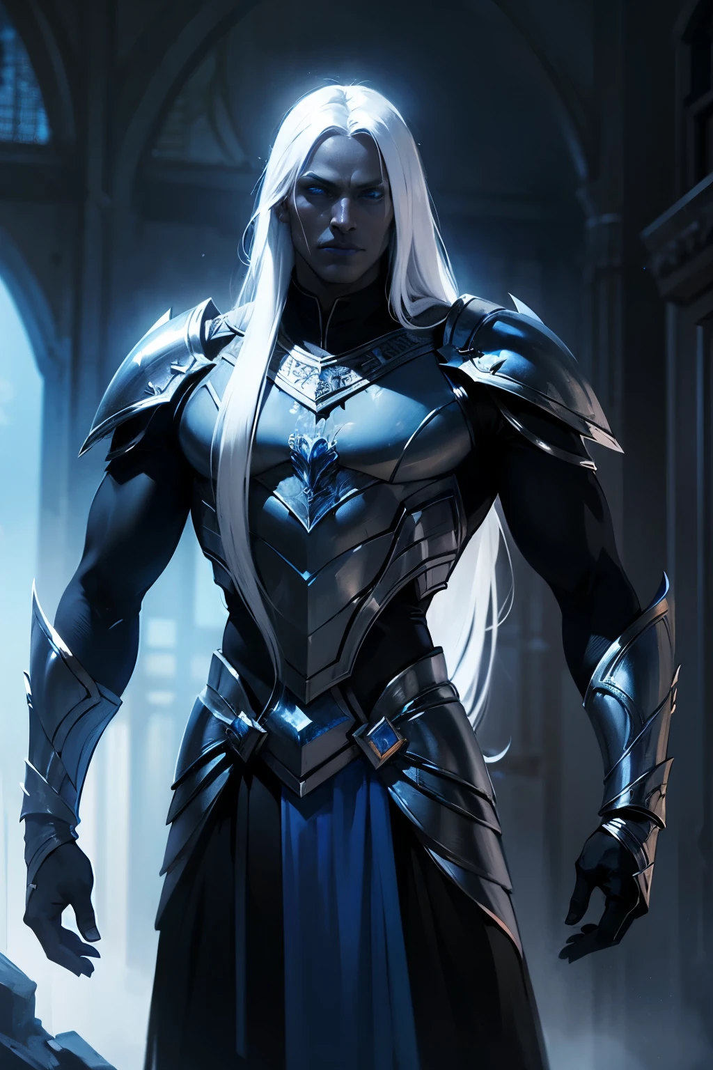 A great warrior, an incredibly handsome Drow man, an emperor, long white hair combed back, black skin, strong build, completely blue eyes, in incredible onyx armor, full height, dynamic pose