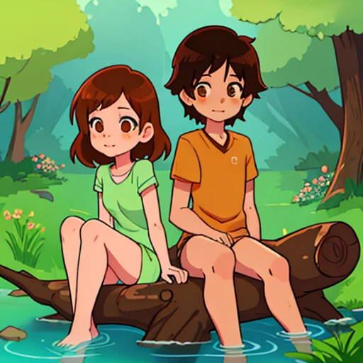 cartoon boy and girl of the same appearance(twins), 18 years, Same height, Brown eyes, medium length brown tousled hair, sitting on a log on the river bank with his feet in the water, campfire, Free postures, Absolutely no clothes, free interaction with each other, many small environmental details, complex parts, High quality textures, beautiful proportional bodies, perfect anatomy, charming digital painting, cute detailed digital art, digital anime illustration, cute digital art, Cyril Rolando and Goro Fujita, Lois van Baerle and Rossdraus, cute art style