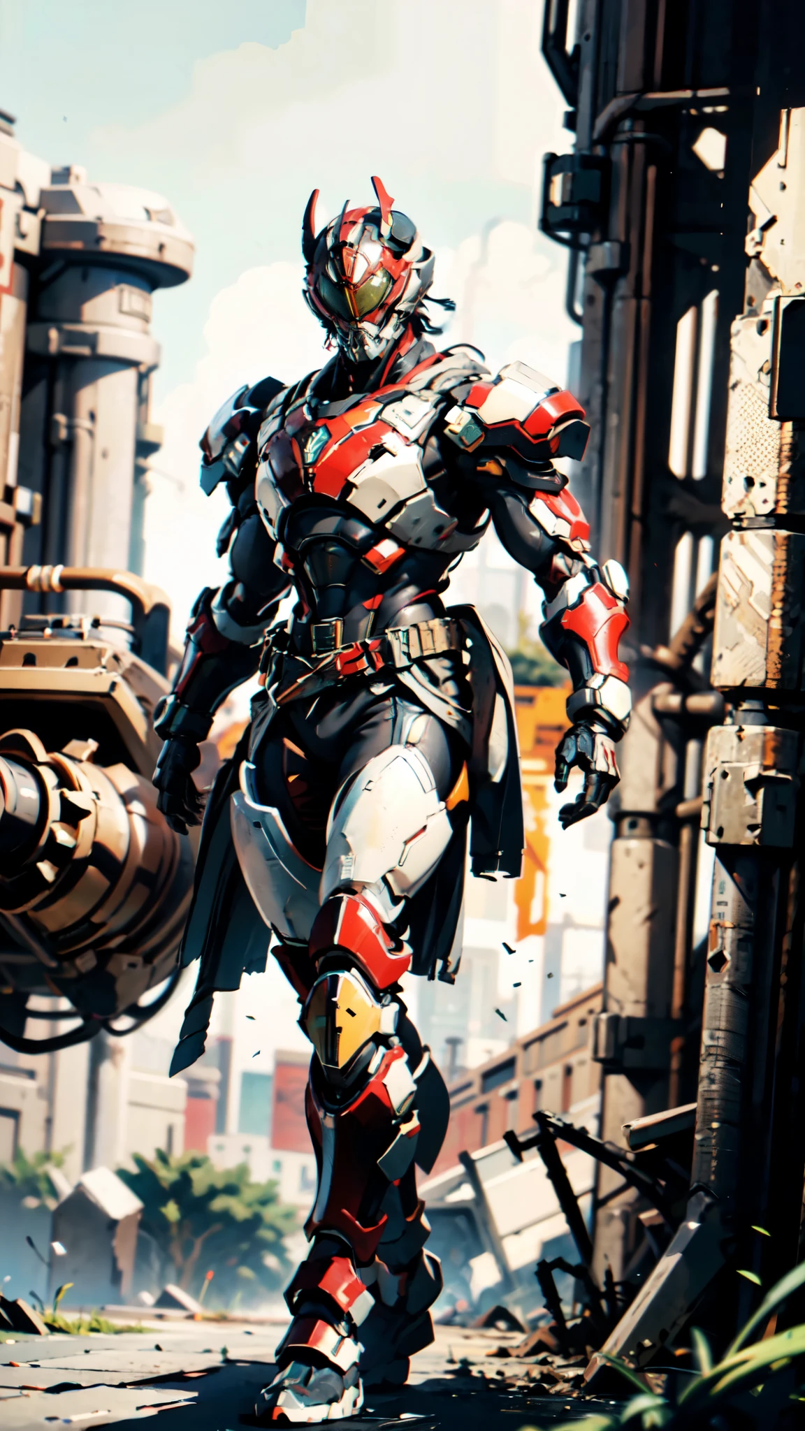 A man wearing a full-face helmet, a fantasy-style biotech armored combat suit, green eyes, (a composite layered chest armor), fully enclosed shoulder guards, matching arm and leg guards, the belt is adorned with 666 mark, (the color scheme is primarily red with yellow and white accents), the design balances heavy with agility, a high-tech bio-mecha armor, (Armor Concept Inspired by Demon, stand on the top of a skyscraper in a futuristic sci-fi city), this character embodies a finely crafted fantasy-surreal style armored hero in anime style, exquisite and mature manga art style, (battle damage, element, plasma, energy, the armor glows), ((male:1.5)), metallic, real texture material, dramatic, high definition, best quality, highres, ultra-detailed, ultra-fine painting, extremely delicate, professional, perfect body proportions, golden ratio, anatomically correct, symmetrical face, extremely detailed eyes and face, high quality eyes, creativity, RAW photo, UHD, 32k, Natural light, cinematic lighting, masterpiece-anatomy-perfect, masterpiece:1.5