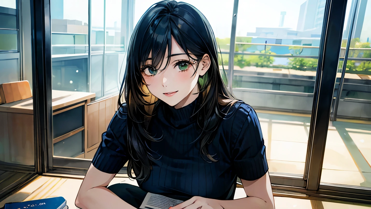 (masterpiece:1.3, highest quality, Ultra-high resolution, Super detailed), (Realistic, photoRealistic:1.4), Beautiful illustrations, Perfect lighting, Natural light, colorful, Depth of written boundary, 
View Viewer, whole body, Front view:0.6, 1 girl, 日Book語, office lady, 19 years old, Perfect Face, (Perfect Anatomy), Cute and symmetrical face, , Shiny skin, , 
(Long Hair:1.7, Straight hair:1.2, Black Hair), Hair between the eyes, Emerald green eyes, Long Eyelashes, (Big Breasts:0.8), mini skirt,Bookを持っている,
Beautiful Hair, Beautiful Face, Beautiful fine details, Beautiful clavicle, Beautiful body, Beautiful breasts, Beautiful thighs, Beautiful feet, Beautiful fingers, 
((Short sleeve navy high neck sweater), ID card), 
(Beautiful views), Daytime, (Office Lounge),, (Smile, Half an eye, Lips parted),Bookを読んでいる,whole body,mini skirt,one person,whole body,Attractive legs,Book,Bookを読む