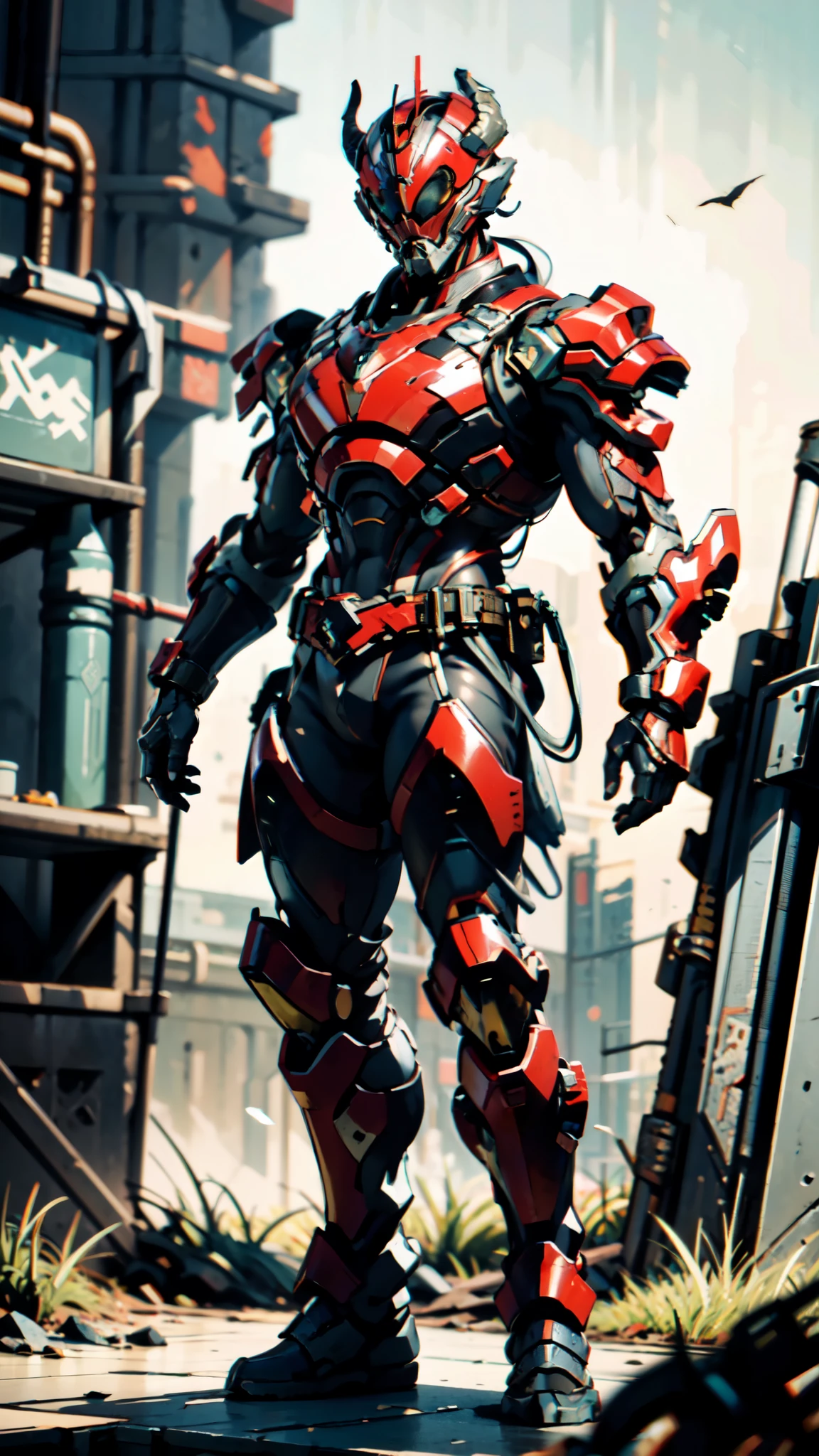 A man wearing a full-face helmet, a fantasy-style biotech armored combat suit, green eyes, (a composite layered chest armor), fully enclosed shoulder guards, matching arm and leg guards, the belt is adorned with 666 mark, (the color scheme is primarily red with yellow and white accents), the design balances heavy with agility, a high-tech bio-mecha armor, (Armor Concept Inspired by Demon, stand on the top of a skyscraper in a futuristic sci-fi city), this character embodies a finely crafted fantasy-surreal style armored hero in anime style, exquisite and mature manga art style, (battle damage, element, plasma, energy, the armor glows), ((male:1.5)), metallic, real texture material, dramatic, high definition, best quality, highres, ultra-detailed, ultra-fine painting, extremely delicate, professional, perfect body proportions, golden ratio, anatomically correct, symmetrical face, extremely detailed eyes and face, high quality eyes, creativity, RAW photo, UHD, 32k, Natural light, cinematic lighting, masterpiece-anatomy-perfect, masterpiece:1.5