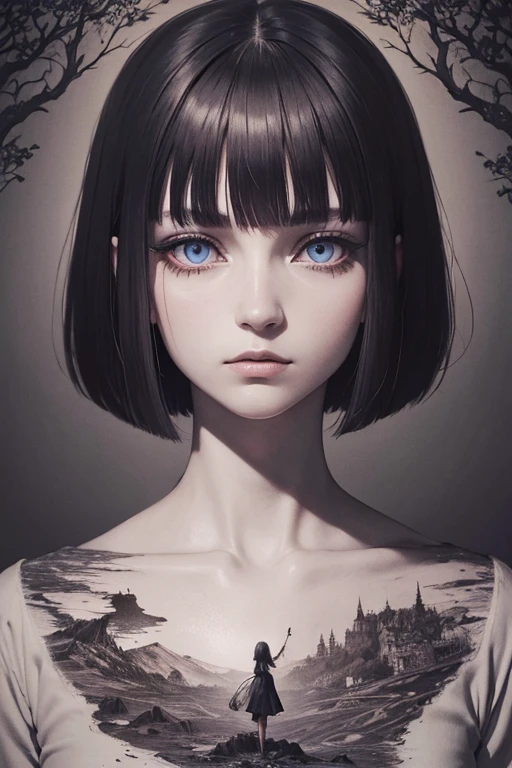 Zdzisław Beksiński style,ink art, pen and ink, (Best Quality,masutepiece:1.2), 1 beautiful girl, school_uniform, bob_cut_hair, bangs, Very_beautiful_face, very_beautiful_eyes, even_eyes