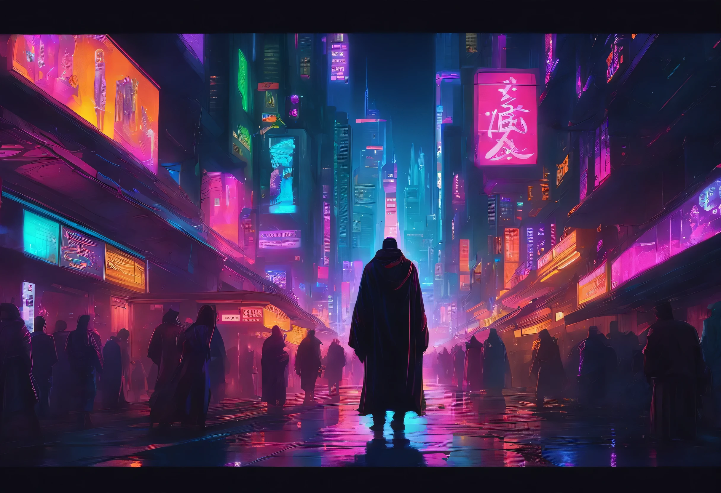 city drawing, shrouded in darkness, with people in robes, wandering the empty streets. realism