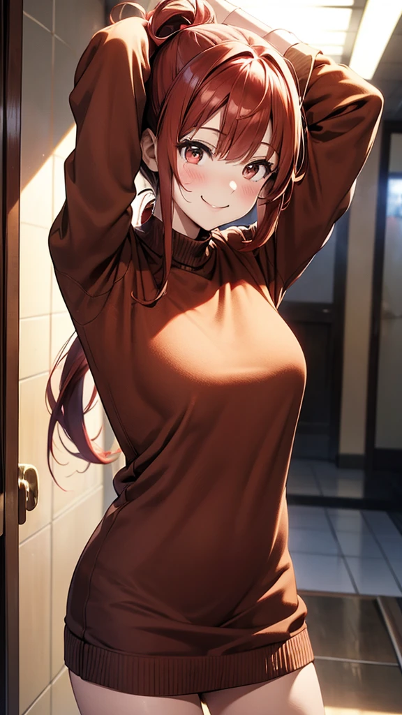ore no imouto ga konna ni kawaii wake ga nai, 25-yers-old girl with crimson red hair- pulled up into twin ponytails, wearing a brown sweater dress, virgin killer, hallway background, upper body, smiling, kneeling