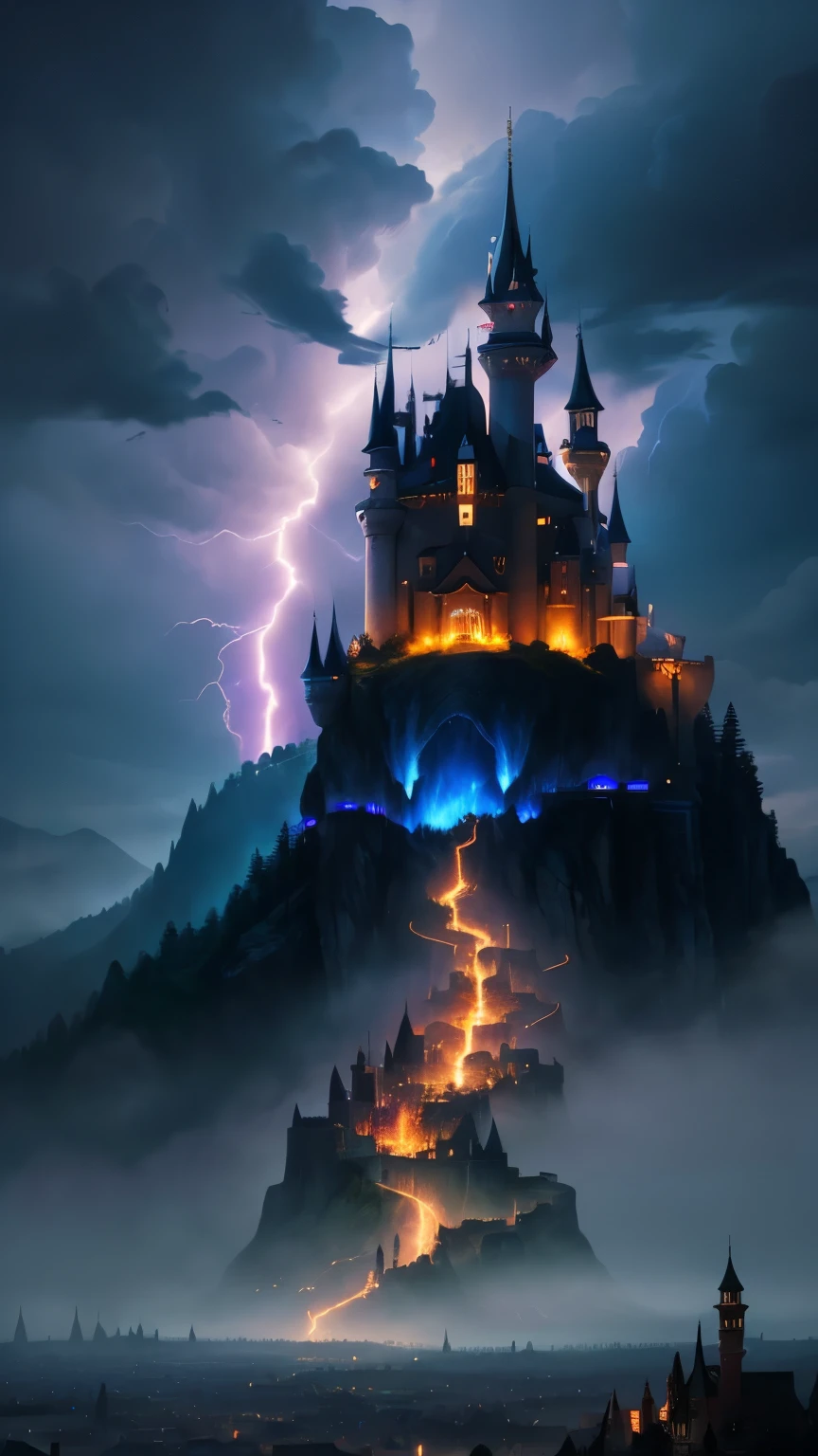 ((best quality)), ((masterpiece)), (detailed), the photo is taken from a dark room, lightning in the background, ((dark horror castle in the background, fying dragon on a background 