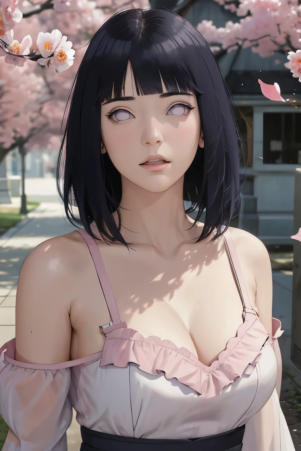 masterpiece, absurdres, hinata\(boruto\), 1girl, solo,mature female, off-shoulder strap bra, high waist short skirt, looking at viewer, (falling petals), perfect composition, detailed lips, big breast, beautiful face, body propotion, blush, (pink lips), long hair, purple eyes, soft gaze, super realistic, detailed, photoshoot, realistic face and body,