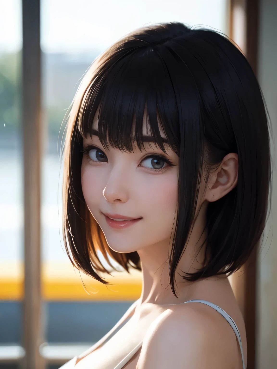 1 girl、highest quality、Realistic、alone、Written boundary depth、Natural soft light、Daytime、charm、Beautiful Face、Cleanliness、Pure Face、White skin、cute、short hair、prohibit、Beach、Light of the sun、Nedium Breast Body Esbian、((セーターを着たBeautiful Faceの黄金比 対称性のあるBeautiful Face))、Long neck、Listen carefully、prohibitのあるきれいな短いボブヘア、Laugh with your mouth closed、Perfect hands指、Perfect hands、Perfect body、Perfect Face、Shine a light into your eyes、Perfect Anatomy:1.4、とてもcuteスーパーモデル:1.4、{Huge|big|Hugeな|Mega} chest:2, chestの谷間:2