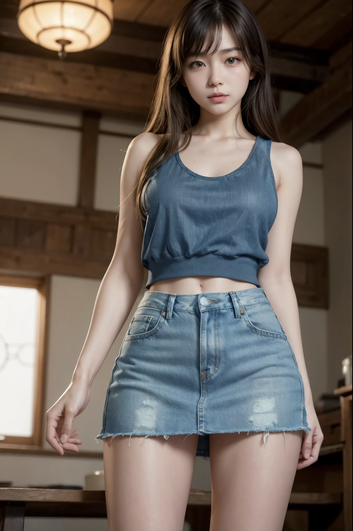 (masterpiece, highest quality, Realistic, High resolution, photograph, :1.3), Sharp focus, 1 Cute Japanese Girl, Hot Model, Highly detailed eyes and pupils, Realistic Skin, Slim figure, Neckline, Highly detailed hair, Delicate face, Sensual look, Bright lips, Natural Lip, big thick thighs, ((tanktop:1.5)), ((denim mini skirt:1.2)), indoor, ((whole body shot)), standing pose, from below,