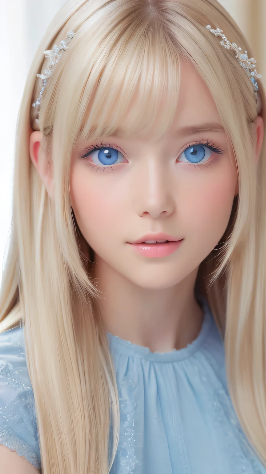 Beautiful white and shining skin、Blonde hair that changes color depending on the light、Bangs between eyes obstruct vision、Shiny highlights on the cheeks、Sexy, very beautiful, lovely, cute, gorgeous face、The most beautiful face in the world、Super long and gorgeous blonde hair、Super long and smooth super long straight hair、Big Breasts, Very large, Beautiful sparkling bright blue eyes、Beautiful Bangs、Beautiful cute girl.Small Face Beauty、Cheek Gloss Highlighter、Round face