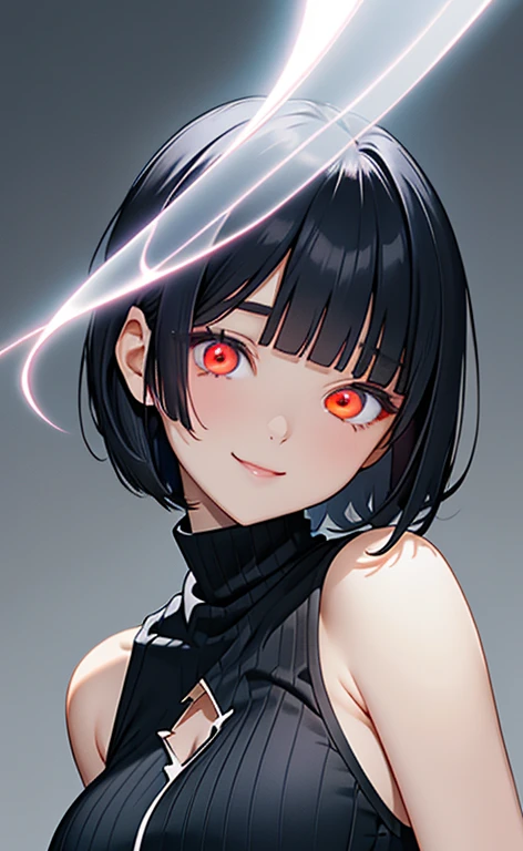 (masterpiece:1.4、top-quality、illustration)、(character focus、,upper body:1.3)、(face:1.5),(1girl),(Gentle face:1.2),(Beautiful eyes:1.4),cute face,(red eyes:1.3)、(tareme:1.3)、(crazy eyes:1.3),half (closed eyes:1.3)、
),(stand:1.4),、(Gentle smile:1.2),(head tilt:1.3),
(blue black hair),(short hair:1.5)、
,(glowing eyes:1.3),（sleeveless turtleneck china dress:1.5),
(blunt bangs),(sidelocks:1.3), (large breasts)、
、slender、zydG