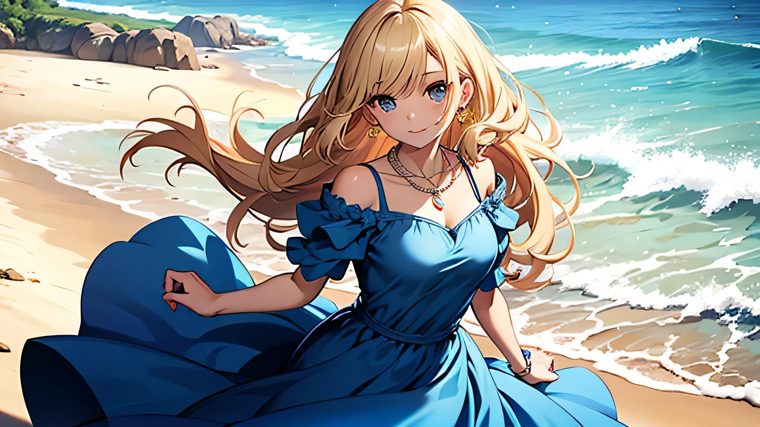 ((highest quality)), ((masterpiece)), (detailed), Perfect Face、Walking along the beach、Spread your arms、blonde、Smooth Hair、Blue Dress、Earrings、necklace、turn around、