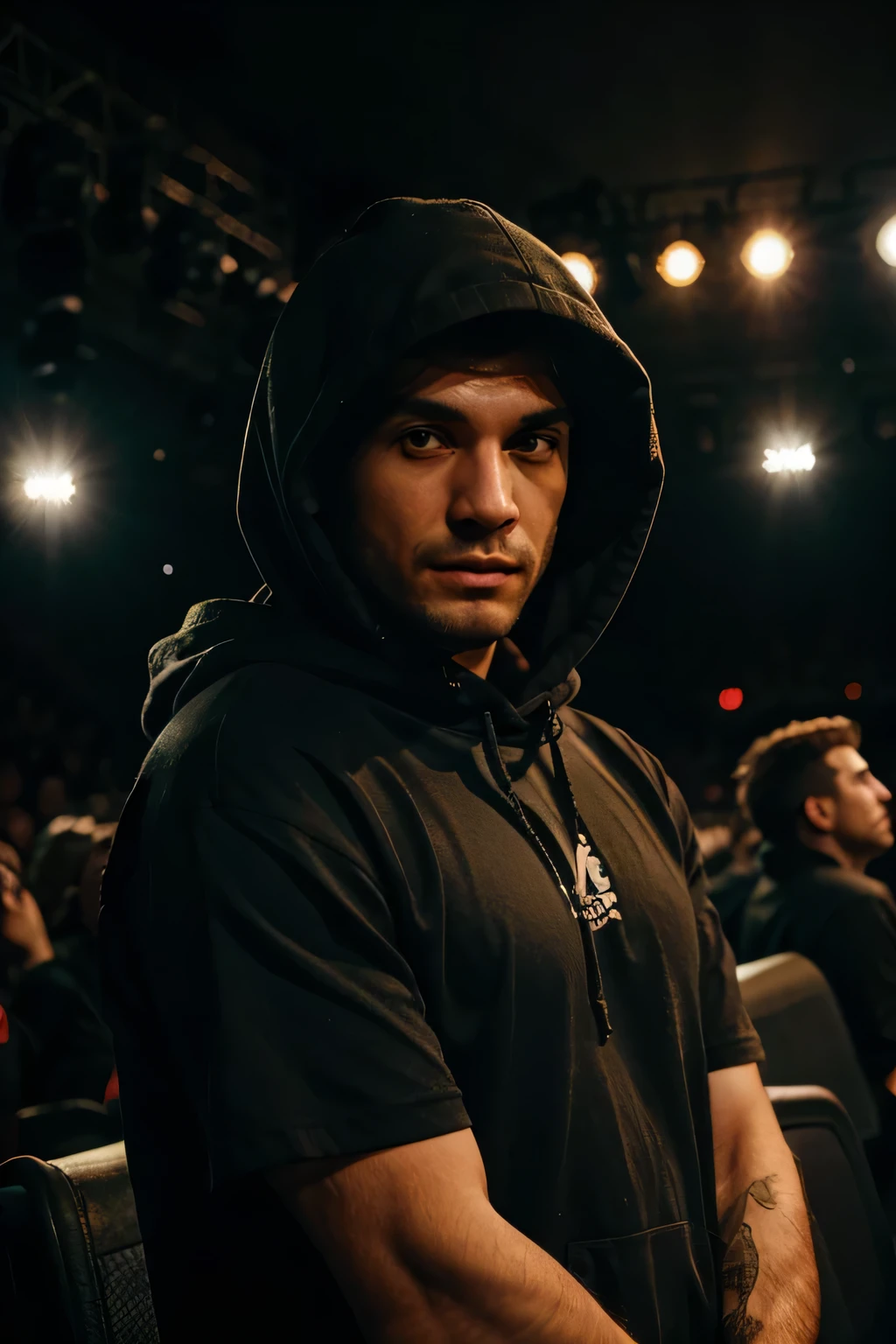 guy in a hood at a rock concert on stage