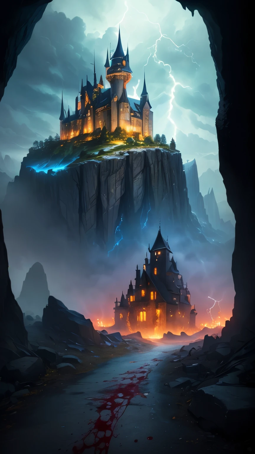 ((best quality)), ((masterpiece)), (detailed), ((the photo is taken from a dark cave)), lightning in the background, ((dark horror castle in the background, blood splatted everywhere