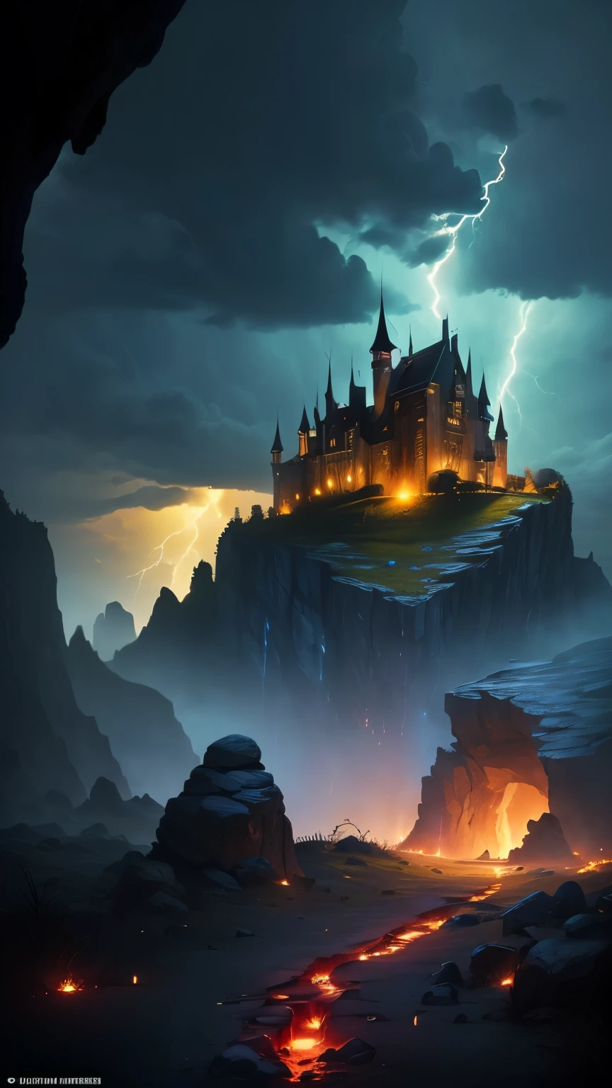 ((best quality)), ((masterpiece)), (detailed), ((the photo is taken from a dark cave)), lightning in the background, ((dark horror castle in the background, blood splatted everywhere